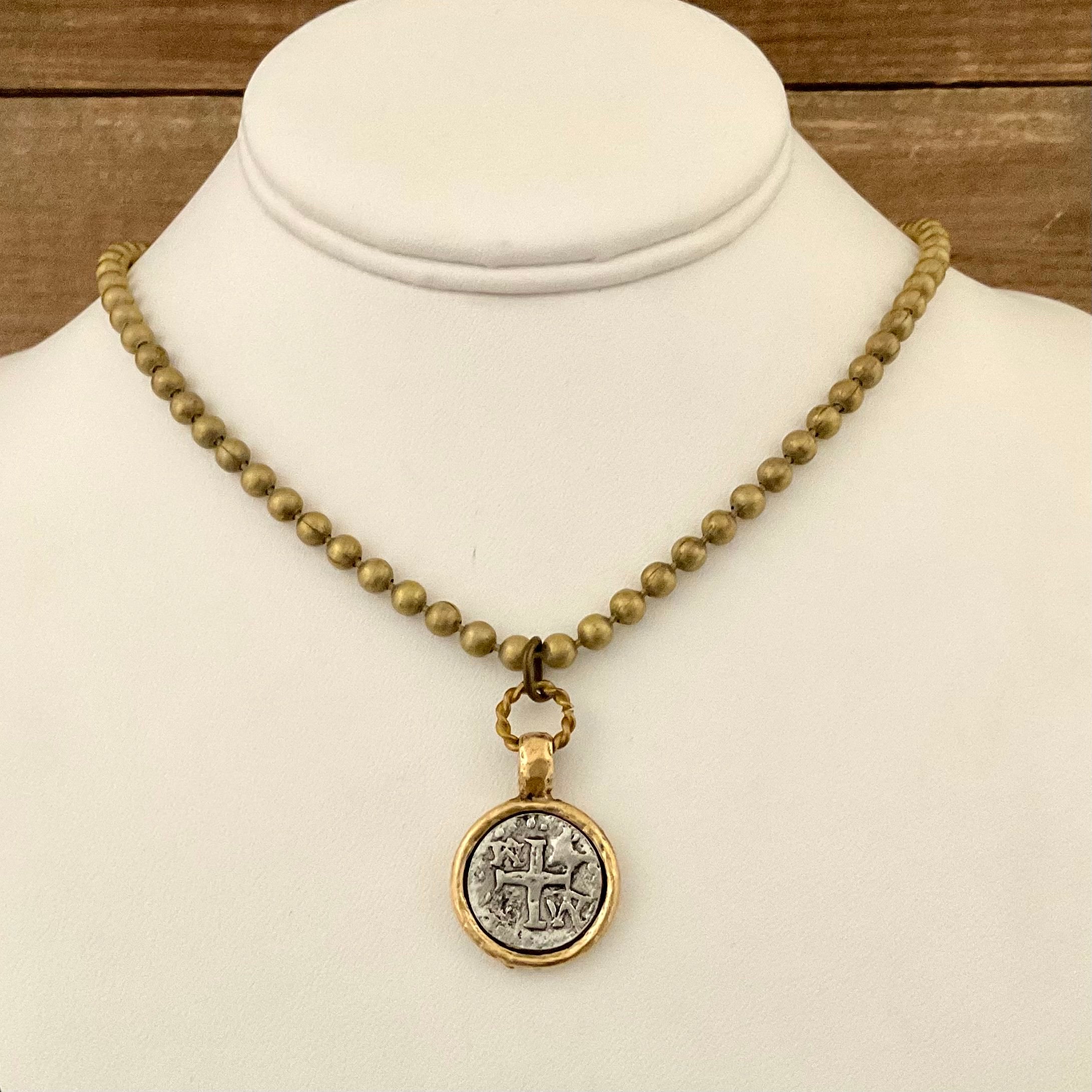 Vintage Ball Chain with Cross Coin Pendant 18"