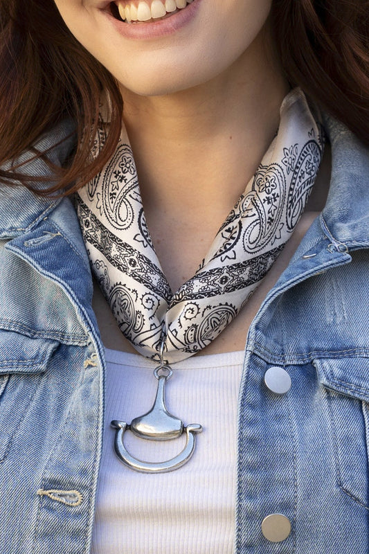 Western 100% Silk Scarf in White with choice of Gold or Silver Metal Horse-Bit