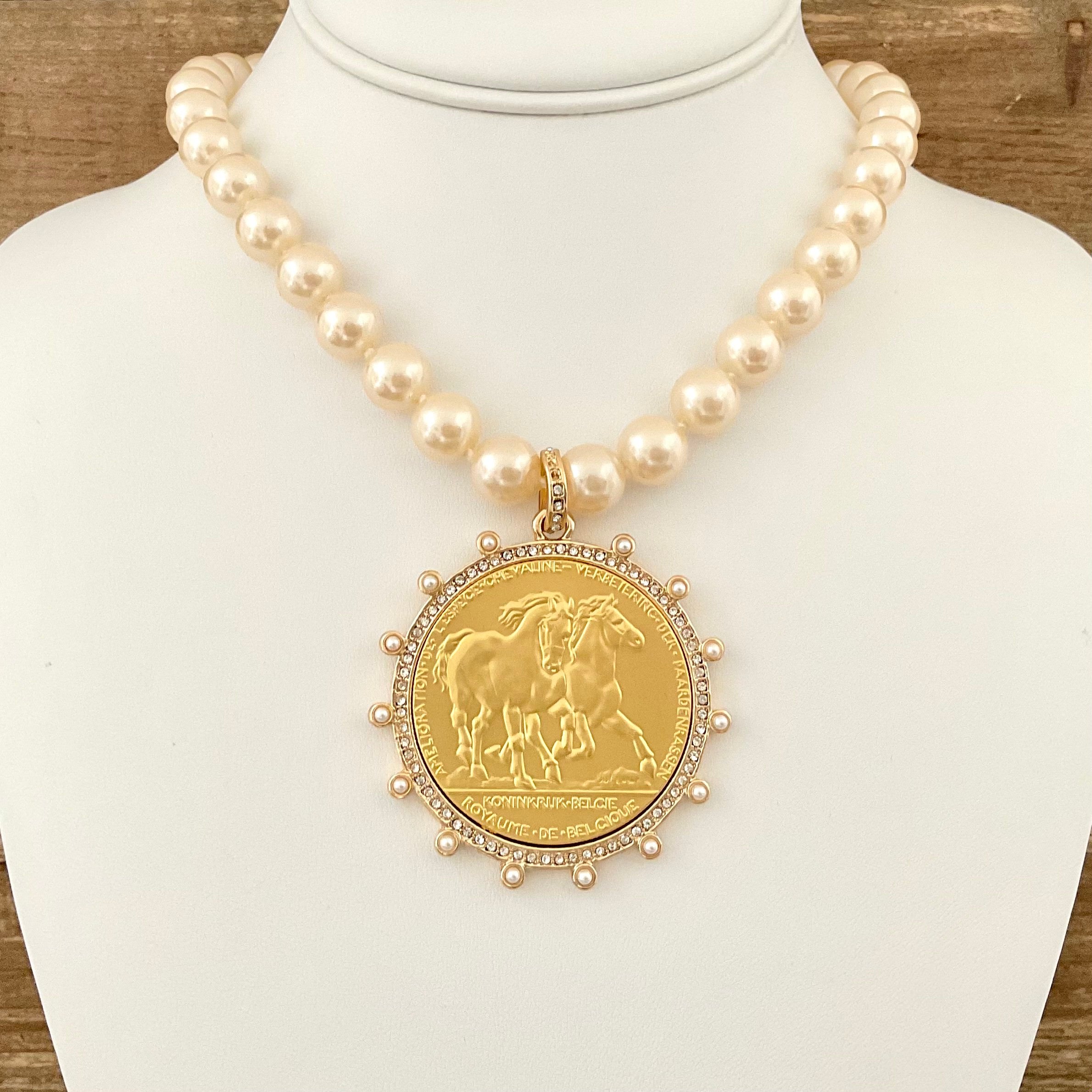 Vintage Pearls with Gold Horse Coin Pendant 18