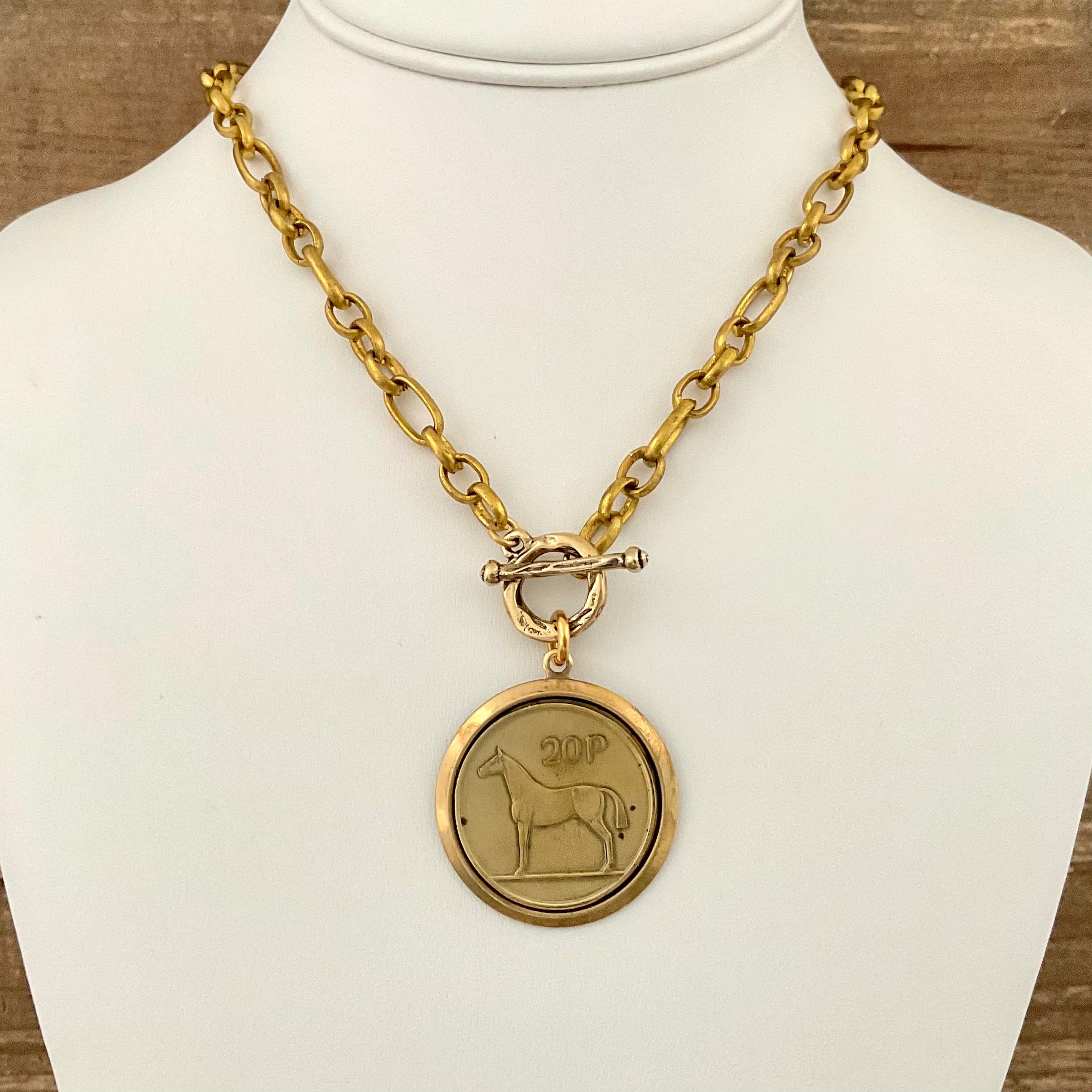 Vintage Gold Plated Chain with Gold Horse Coin Pendant 18"
