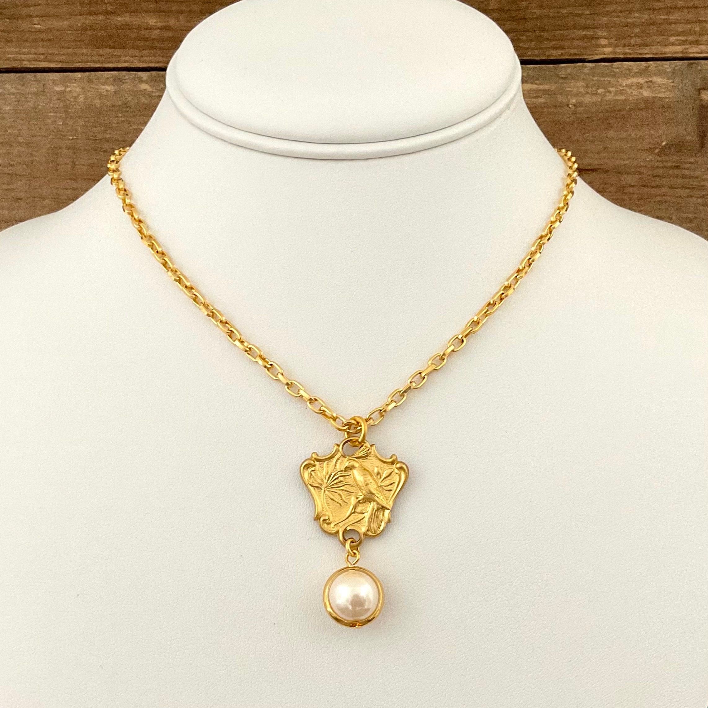 Gold Plated Chain with Vintage Bird Pendant & Pearl 20"