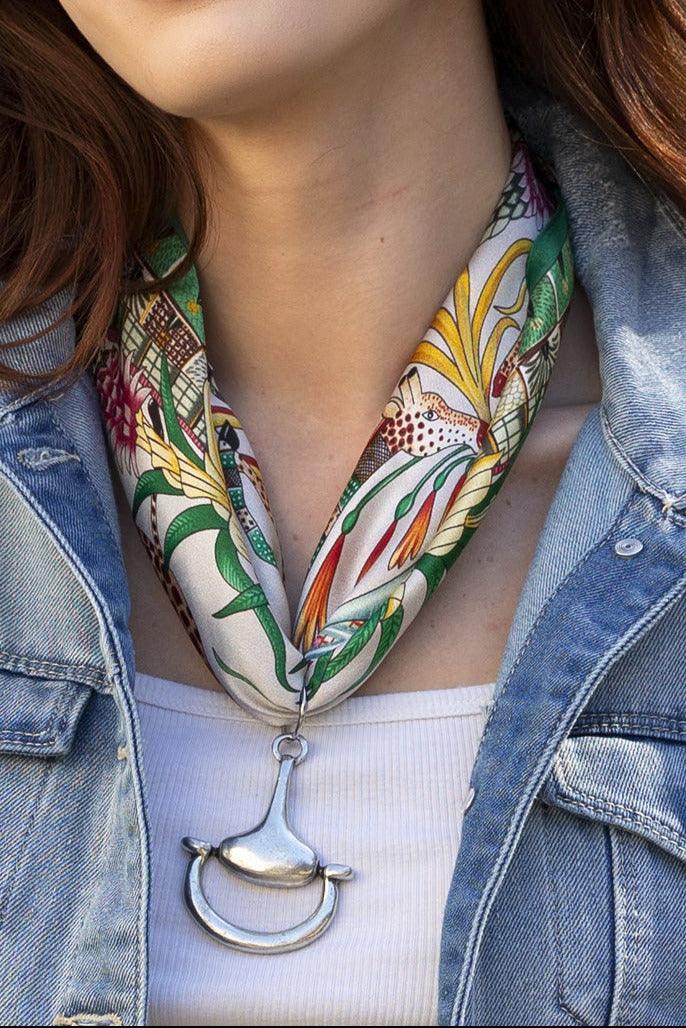 Colorful Safari 100% Silk Scarf with choice of Gold or Silver Metal Horse-Bit