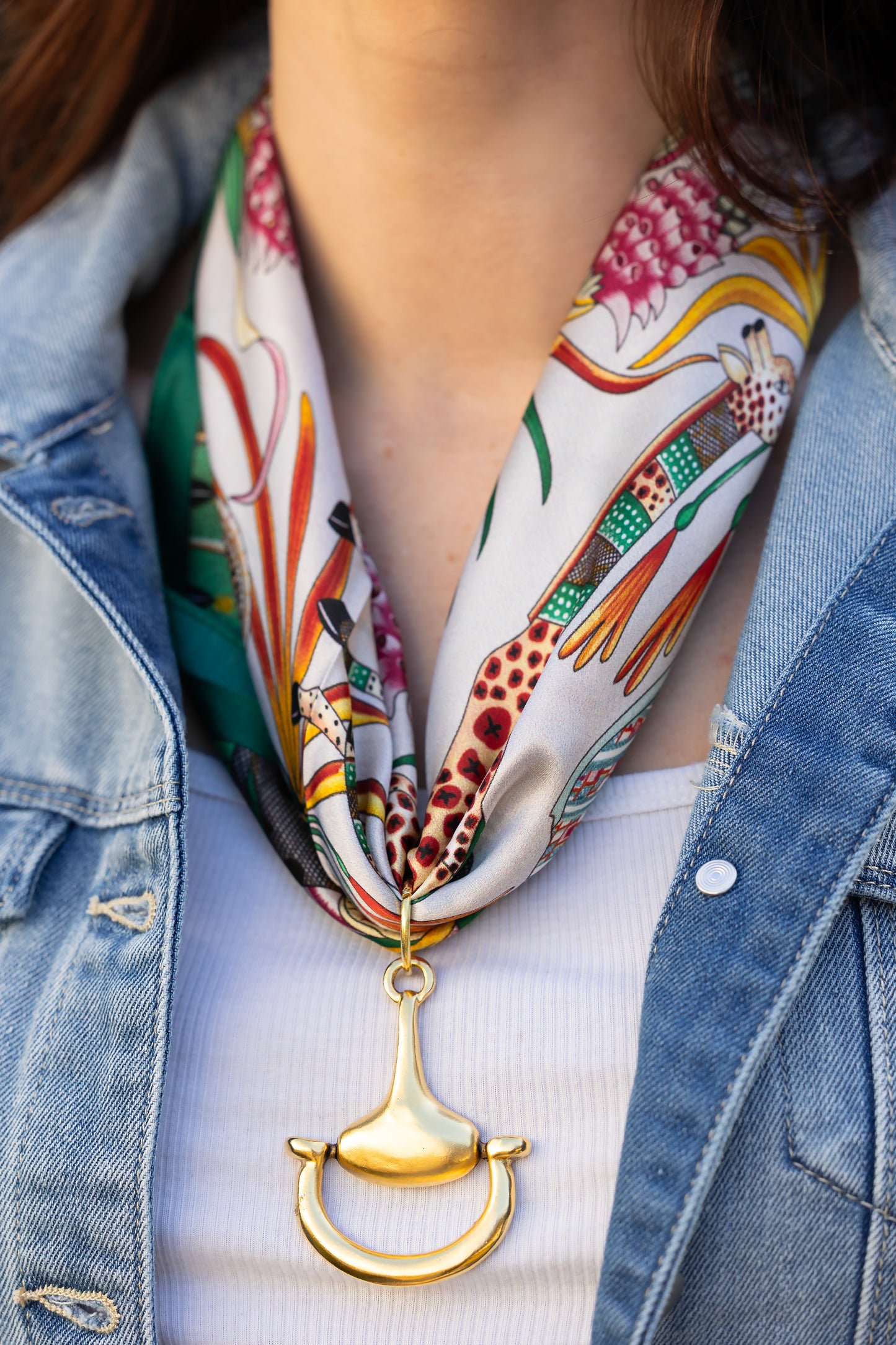 Colorful Safari 100% Silk Scarf with choice of Gold or Silver Metal Horse-Bit