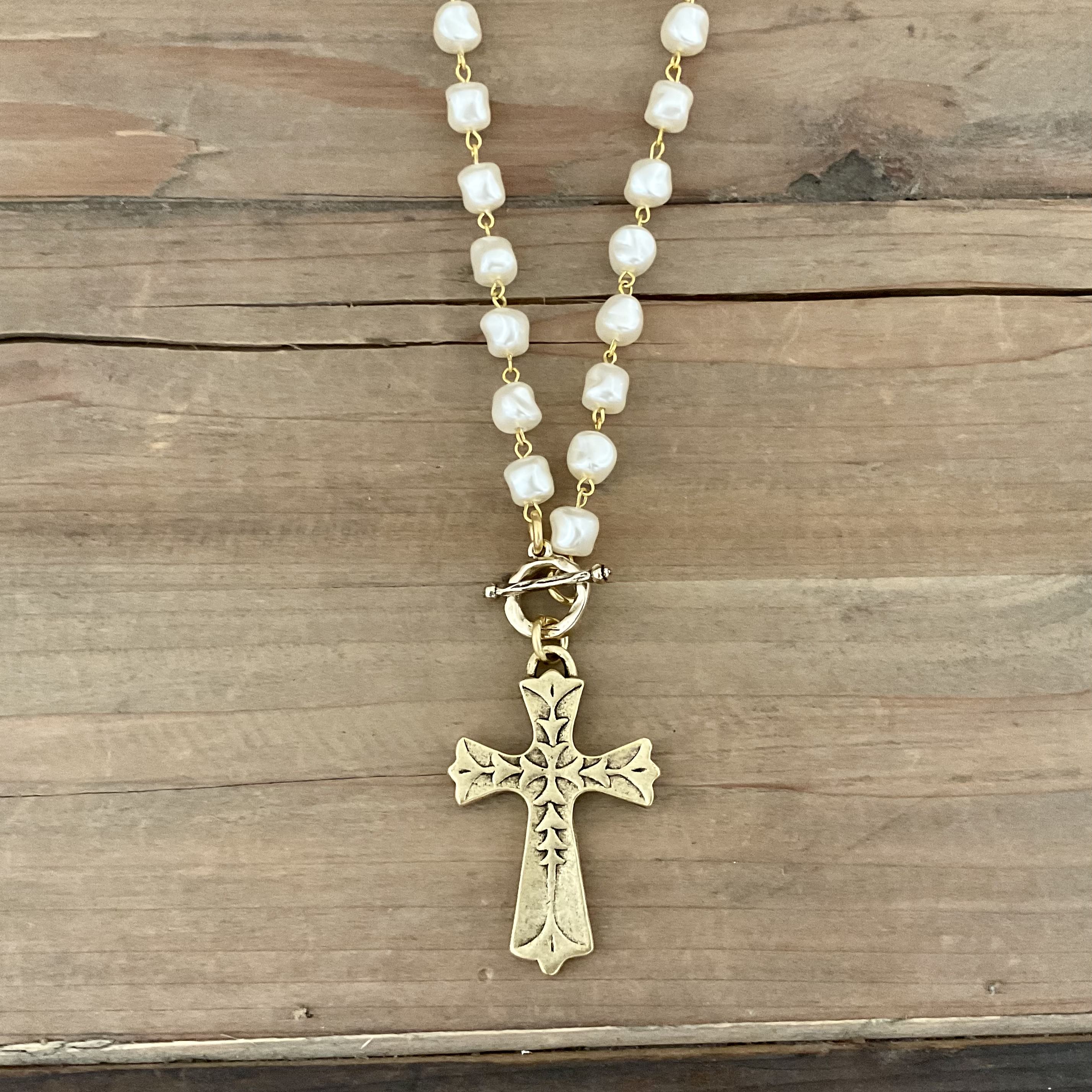 Vintage Pearl Gold Chain and Toggle with Vintage Gold Cross Pendant