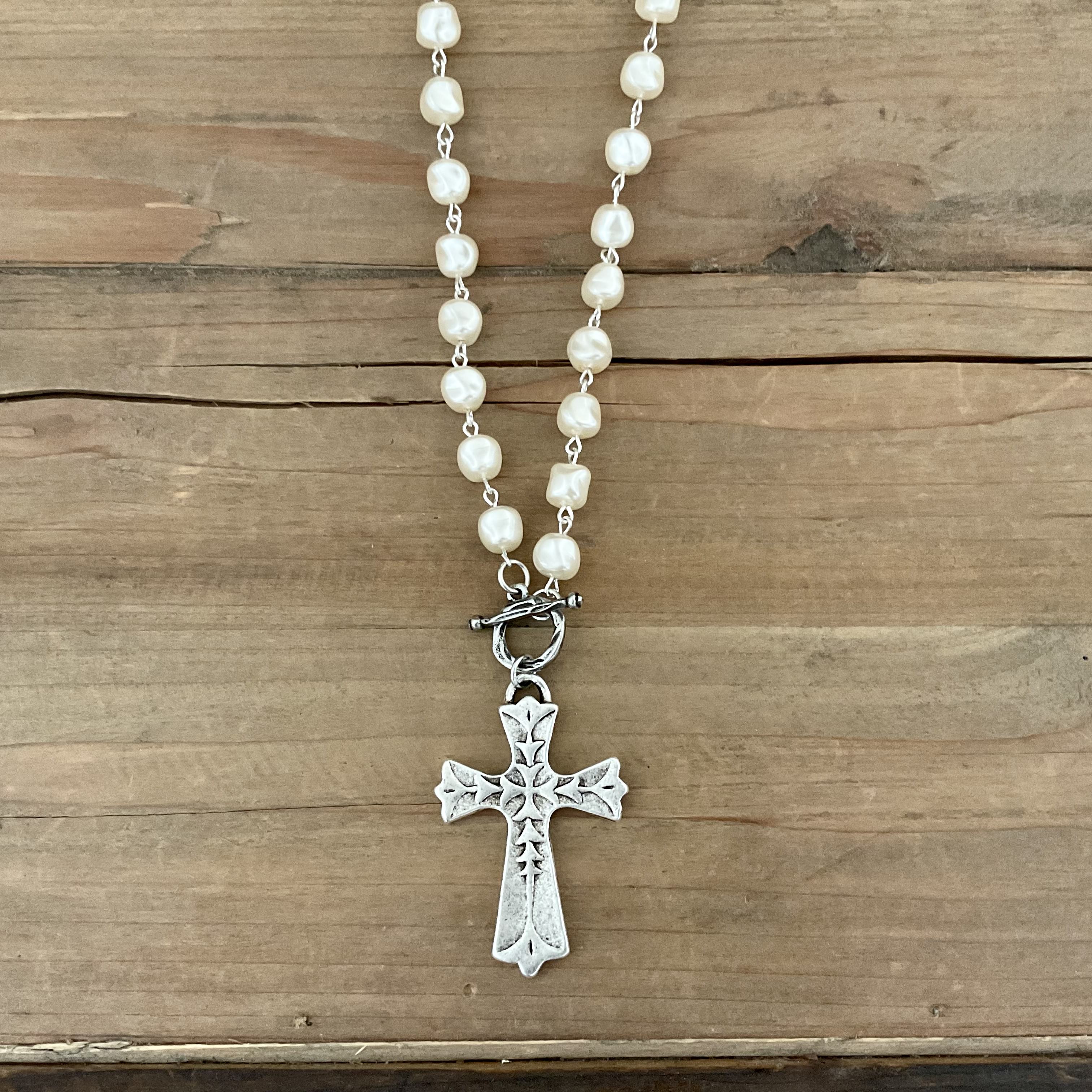 Vintage Pearl Silver Chain and Toggle with Vintage Silver Cross Pendant