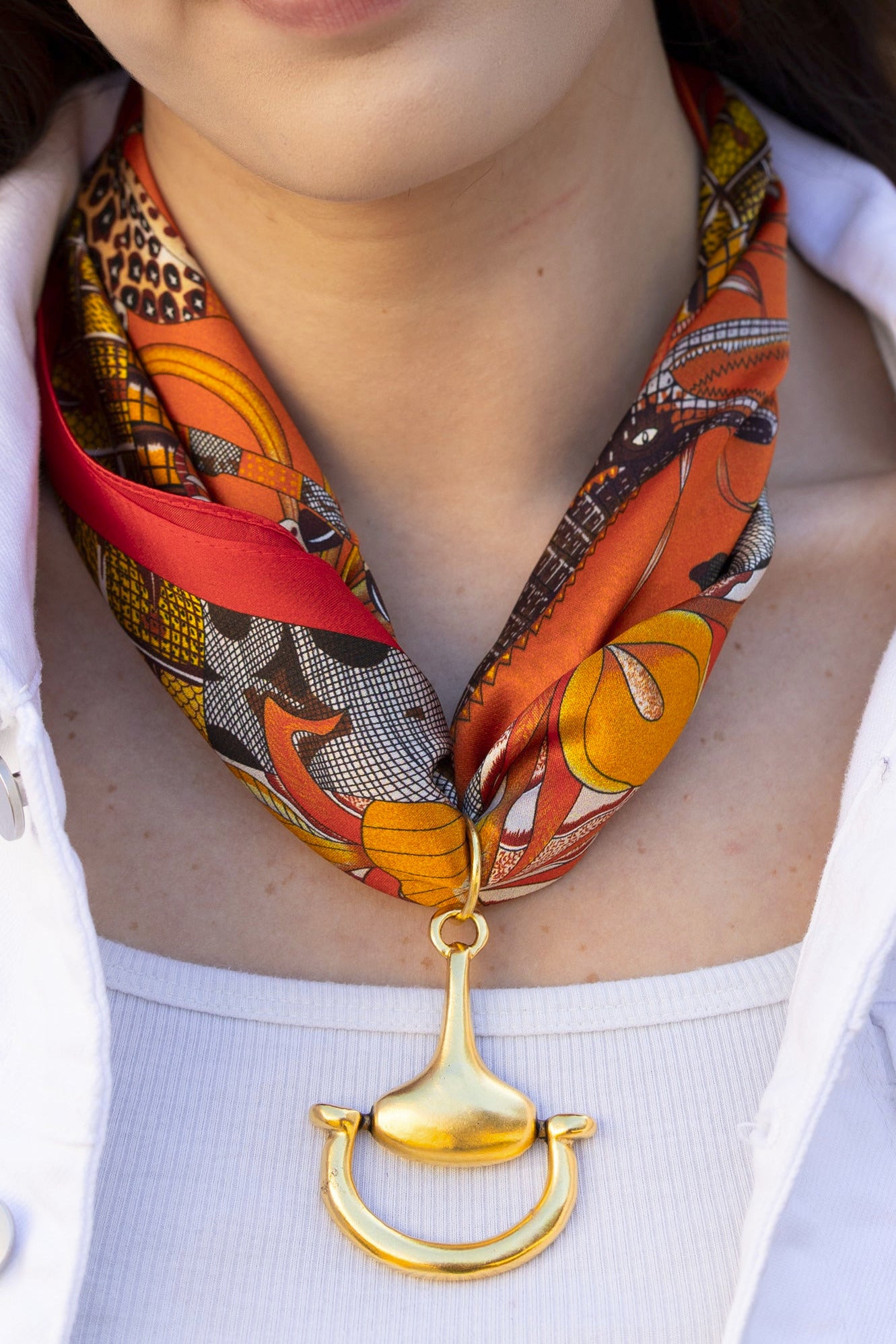 Orange Safari 100% Silk Scarf with choice of Gold or Silver Metal Horse-Bit