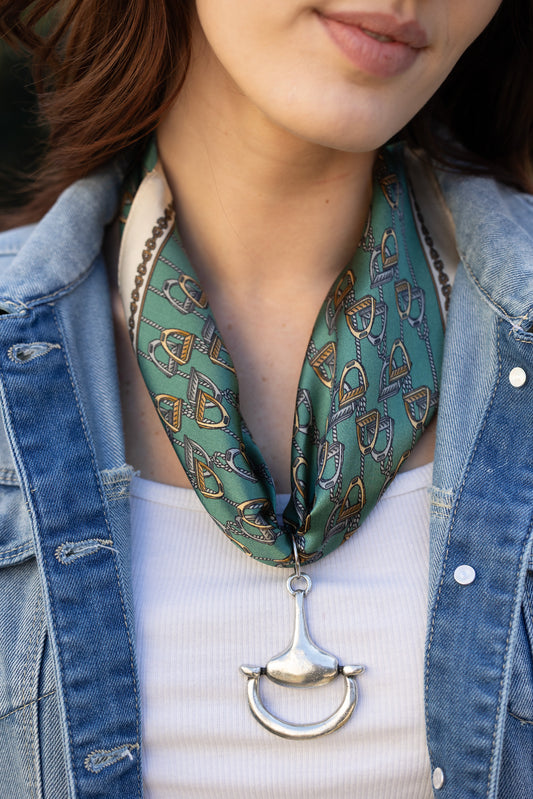 Lots of Stirrups 100% Silk Scarf in Green with choice of Gold or Silver Metal Horse-Bit