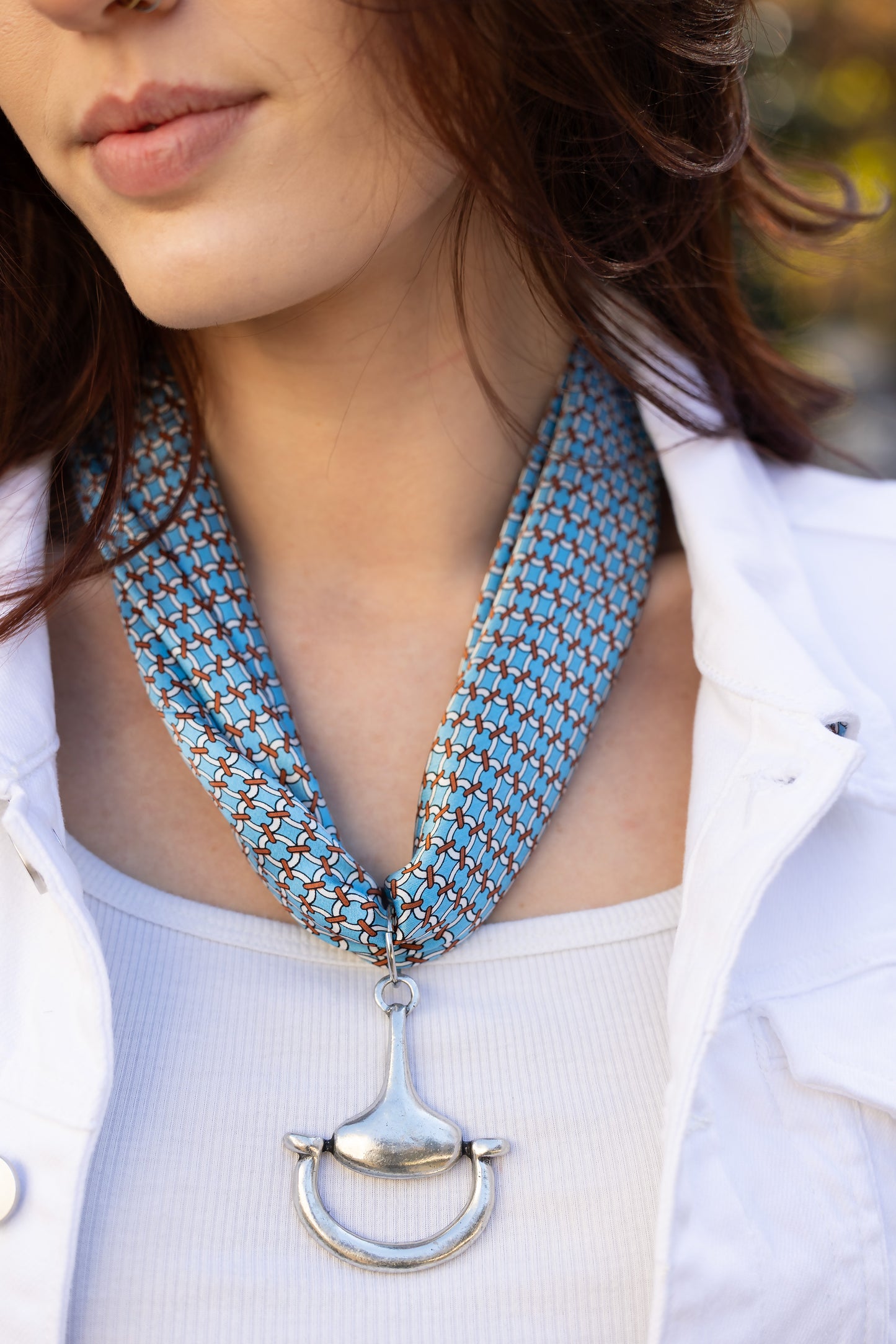 Blue Lattice 100% Silk Scarf with choice of Gold or Silver Metal Horse-Bit