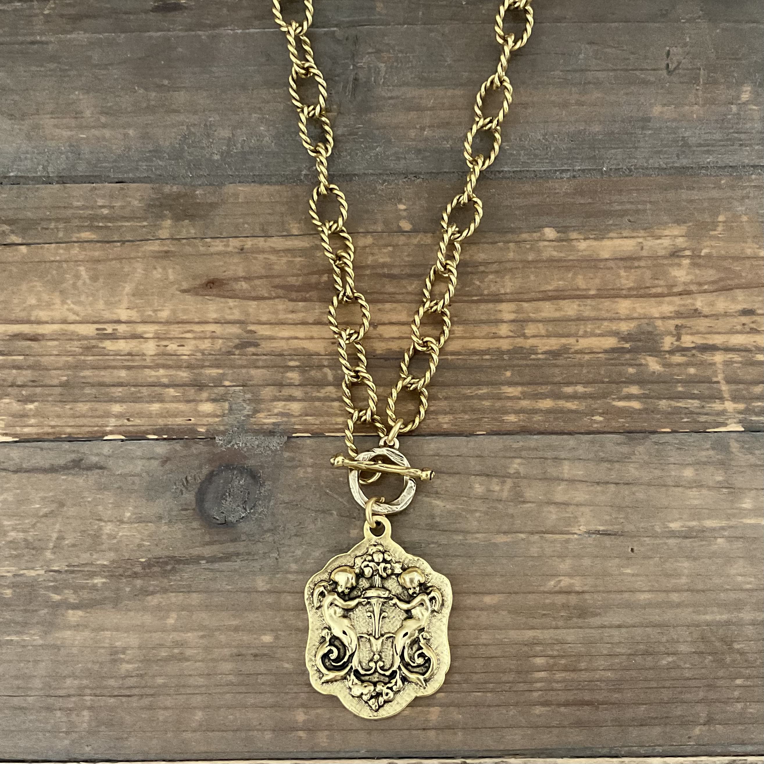 Vintage Gold 18" Chain and Toggle with Gold Reproduction Angel Pendant