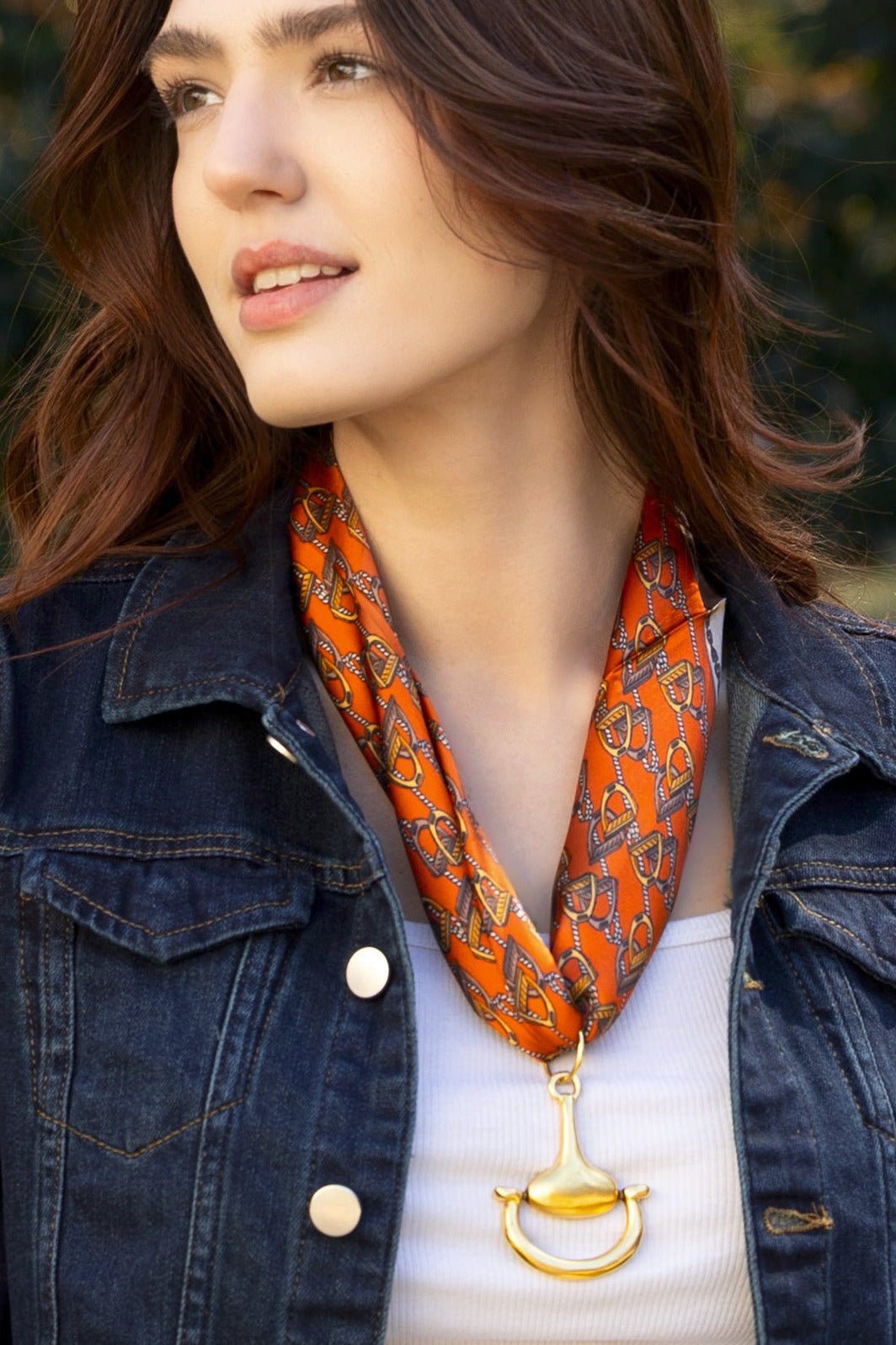 Lots of Stirrups 100% Silk Scarf in Orange with choice of Gold or Silver Metal Horse-Bit