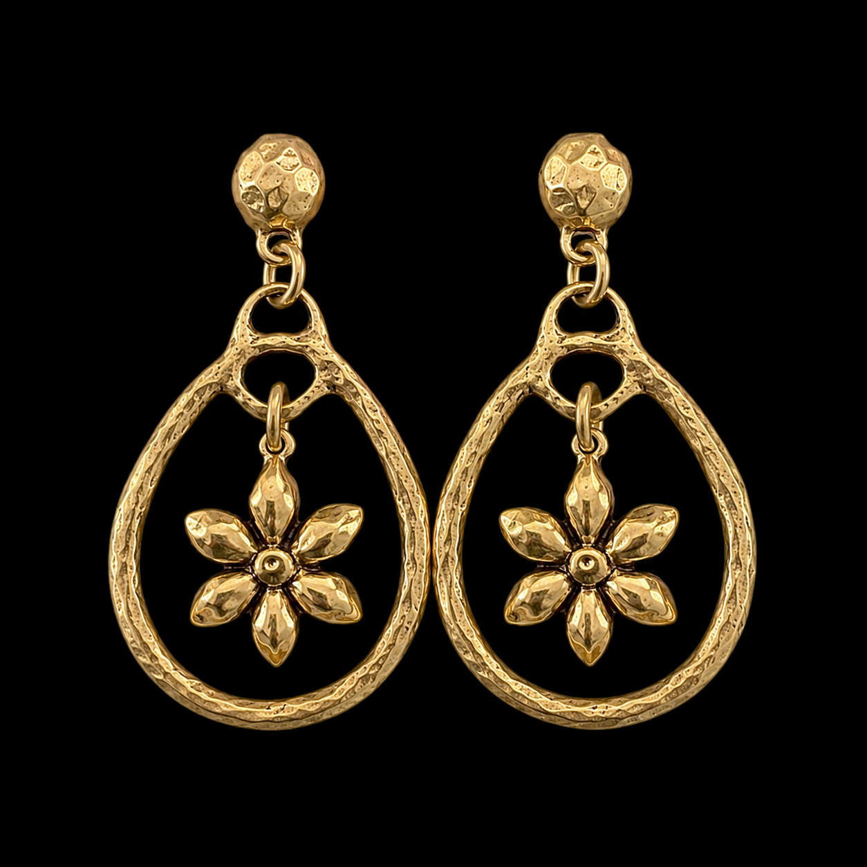 Vintage Reproduction Gold Plated Teardrop and Flower Dangle Earrings