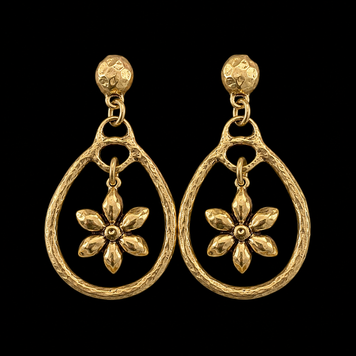 Vintage Reproduction Gold Plated Teardrop and Flower Dangle Earrings