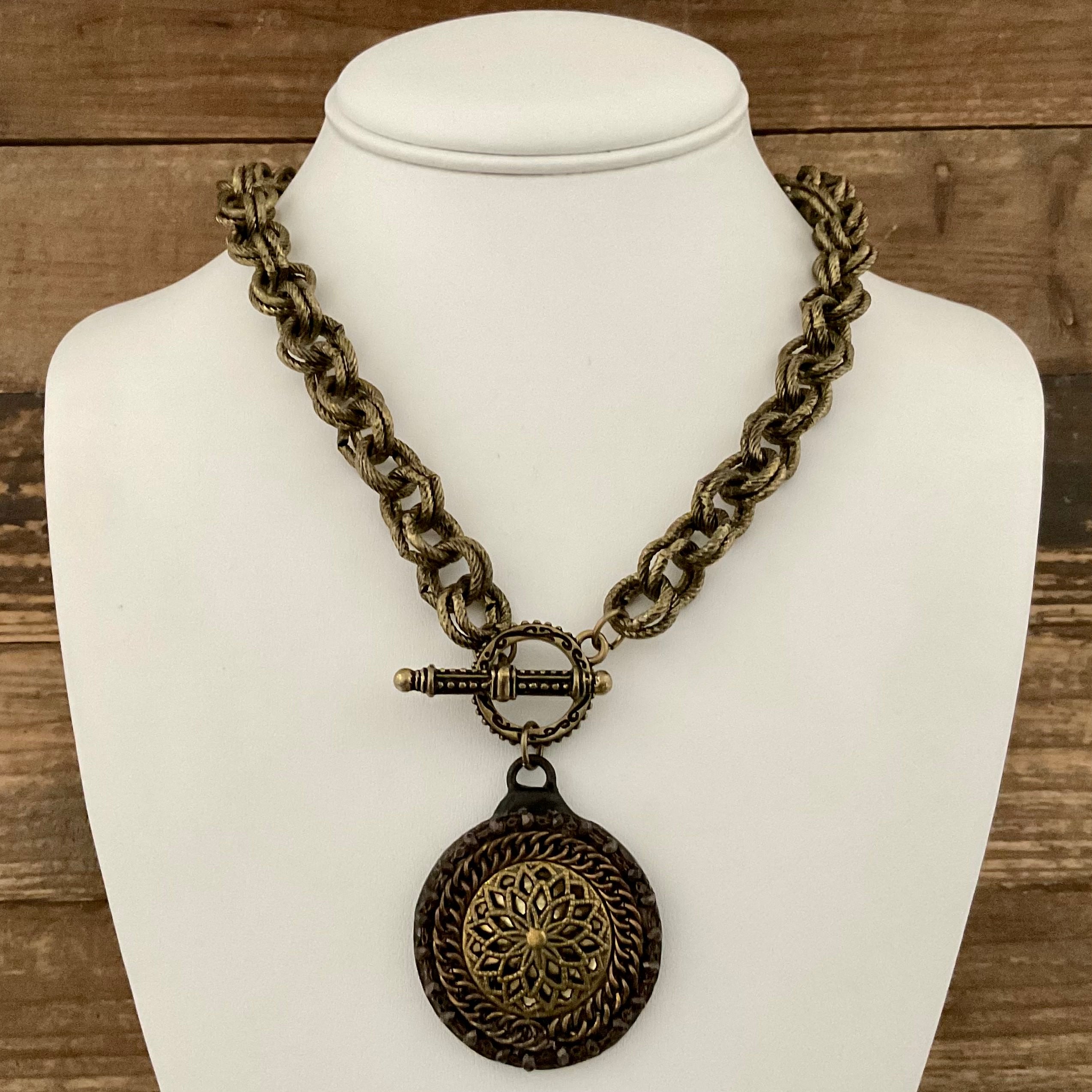 Brass Toggle Necklace with Vintage Soldered Pendant 18
