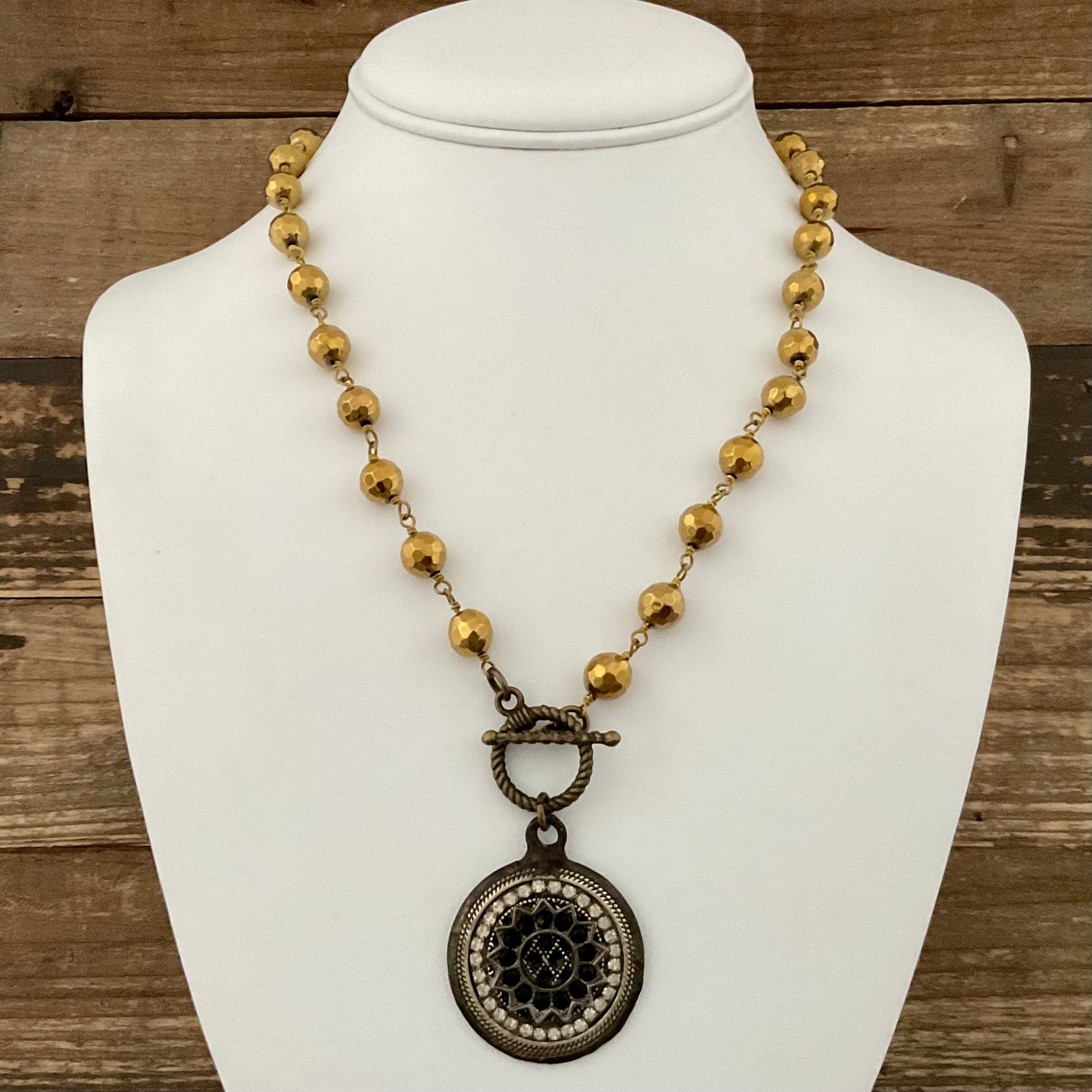 Gold Hematite Toggle Necklace with Vintage Soldered Pendant 18