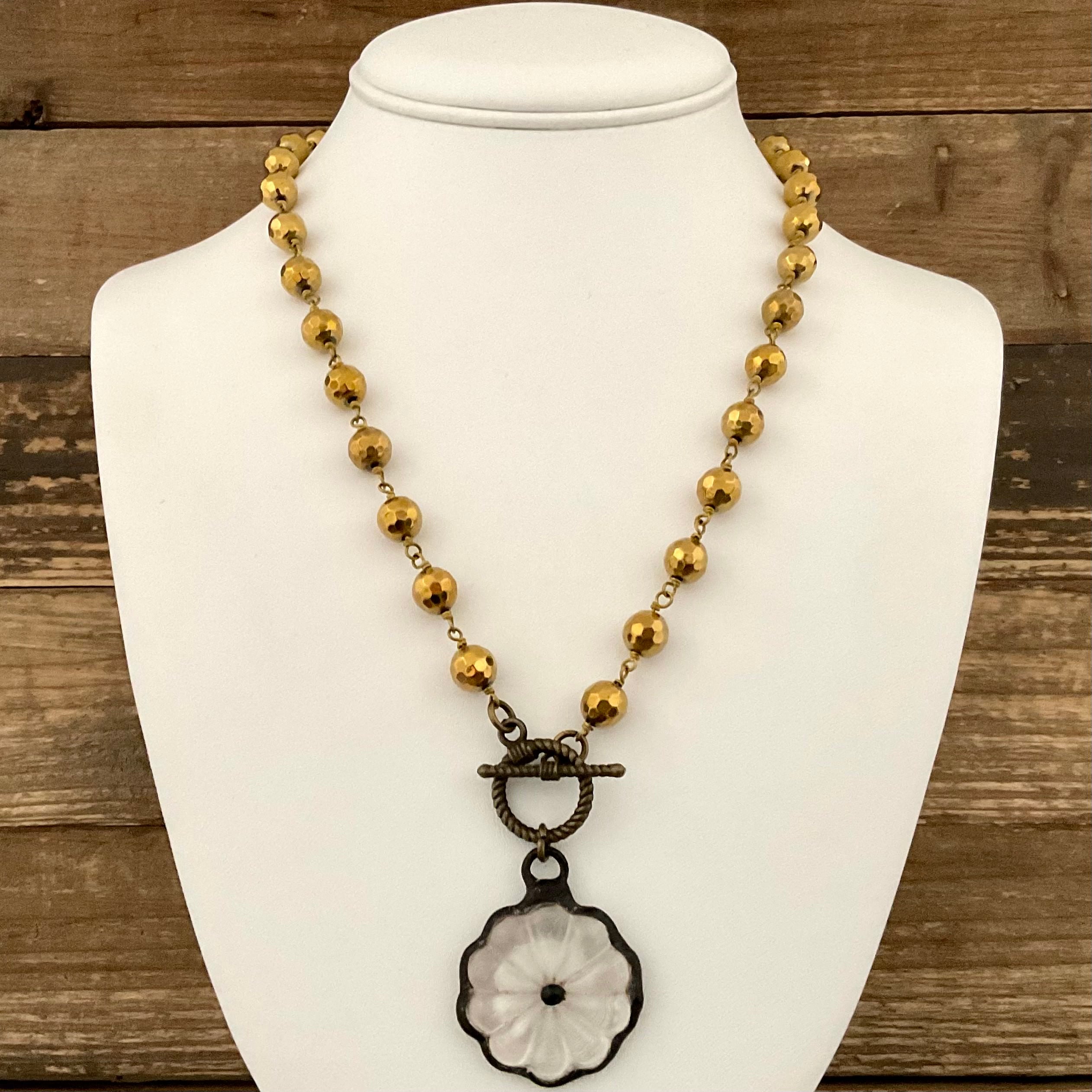 Gold Hematite Toggle Necklace with Vintage Soldered Pendant 18