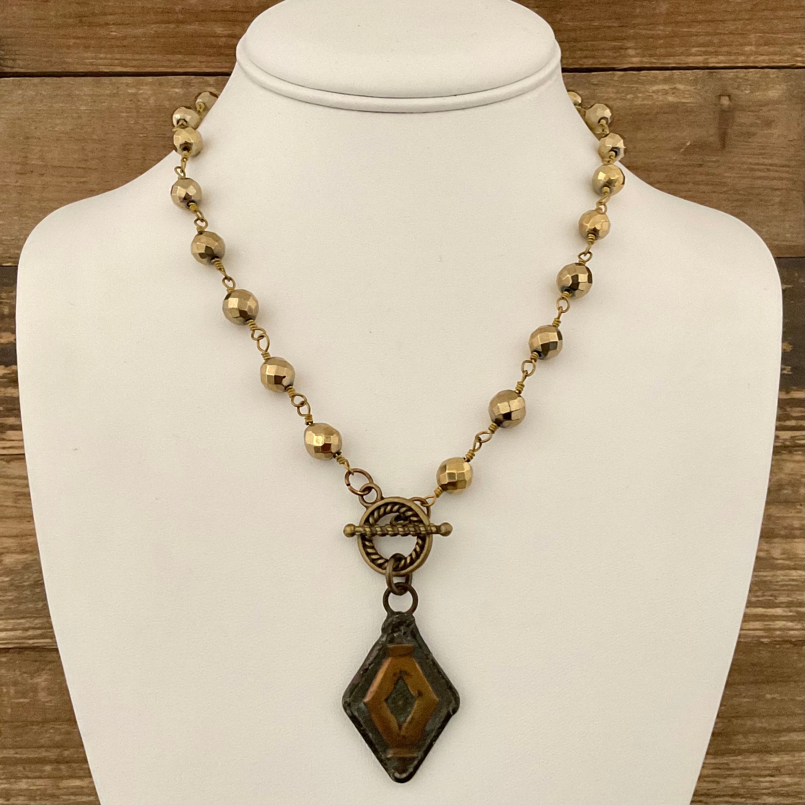 Gold Hematite Toggle Necklace with Vintage Soldered Pendant 18