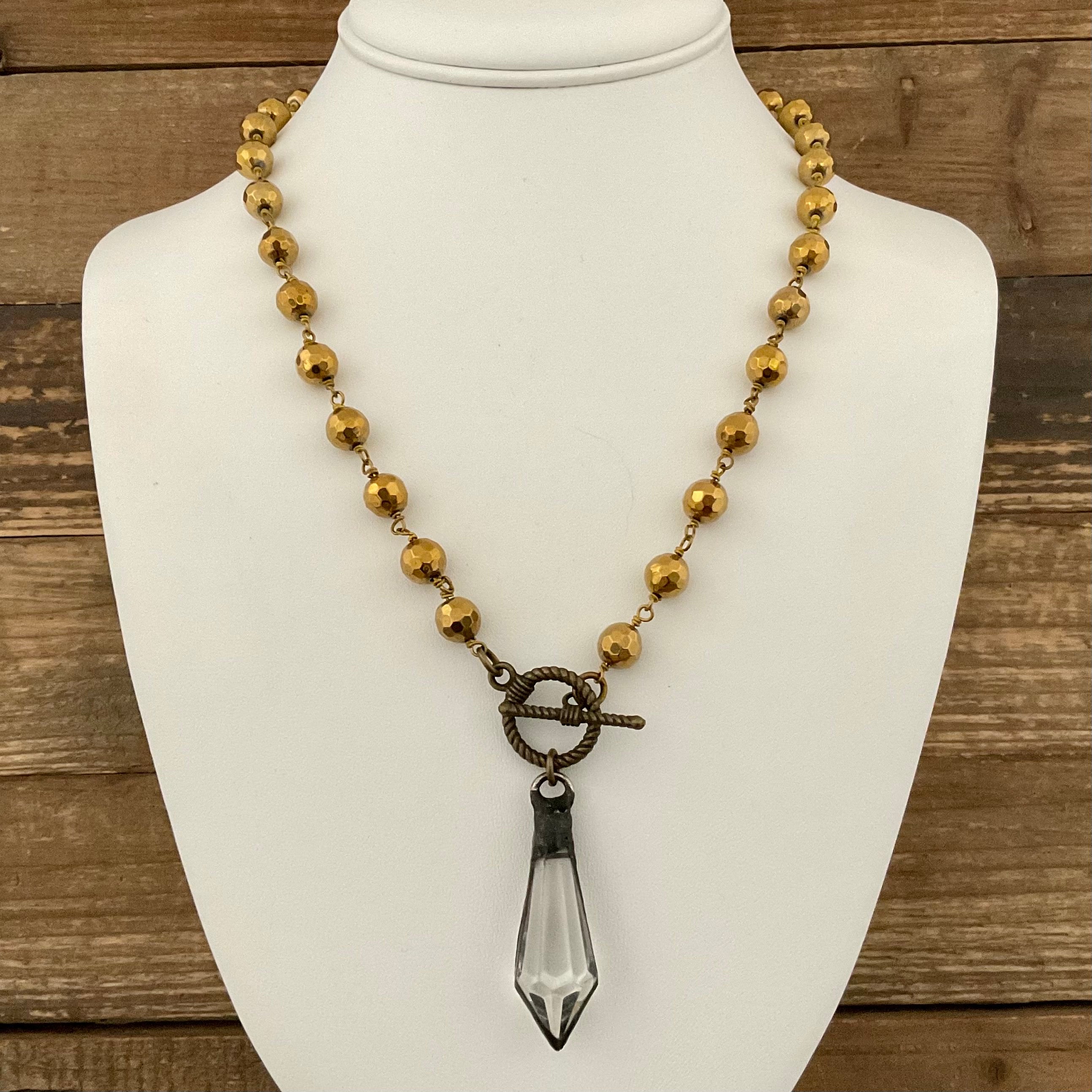 Gold Hematite Toggle Necklace with Vintage Soldered Pendant 18