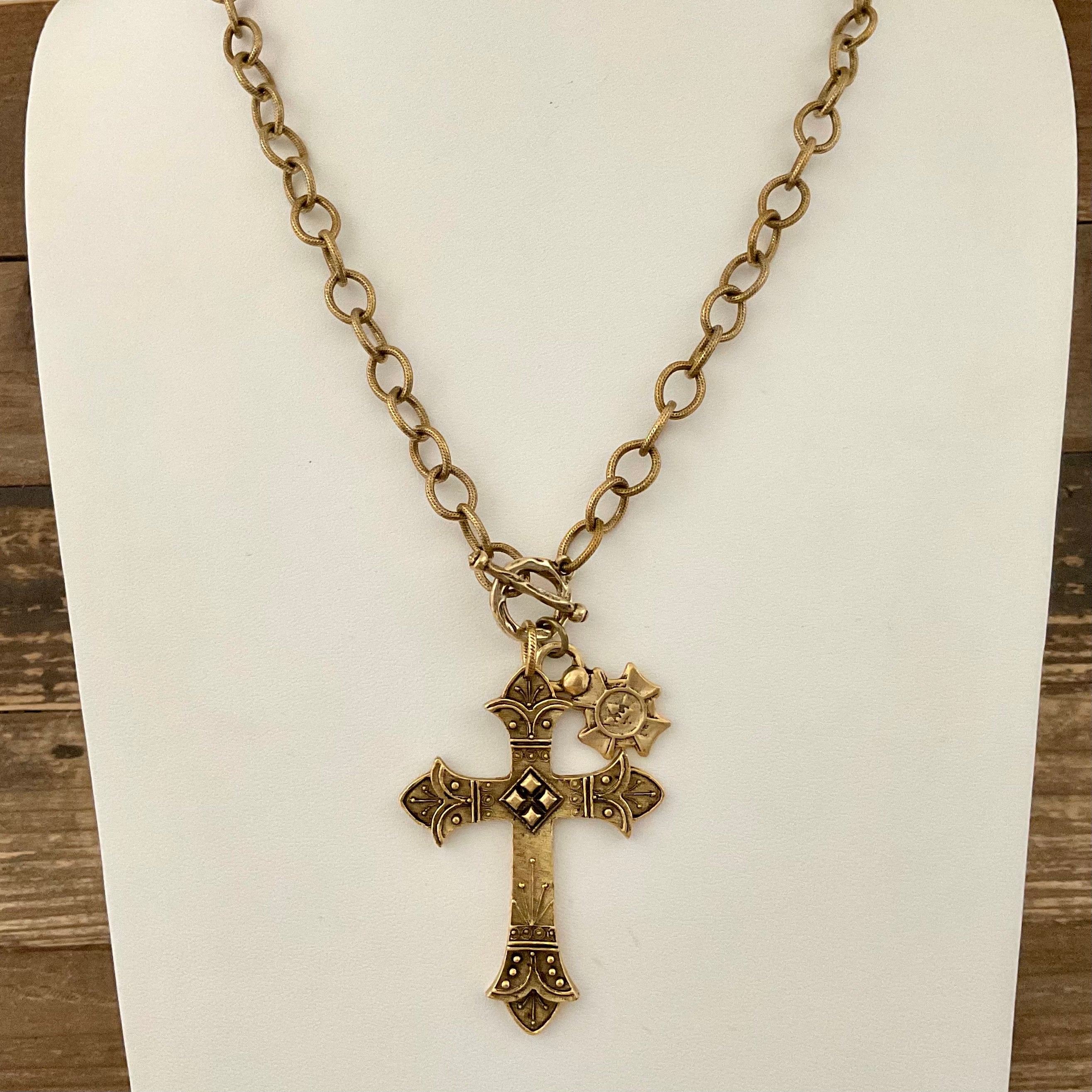 Vintage Gold Plated Necklace with Reproduction Cross & Religious Medallion 30