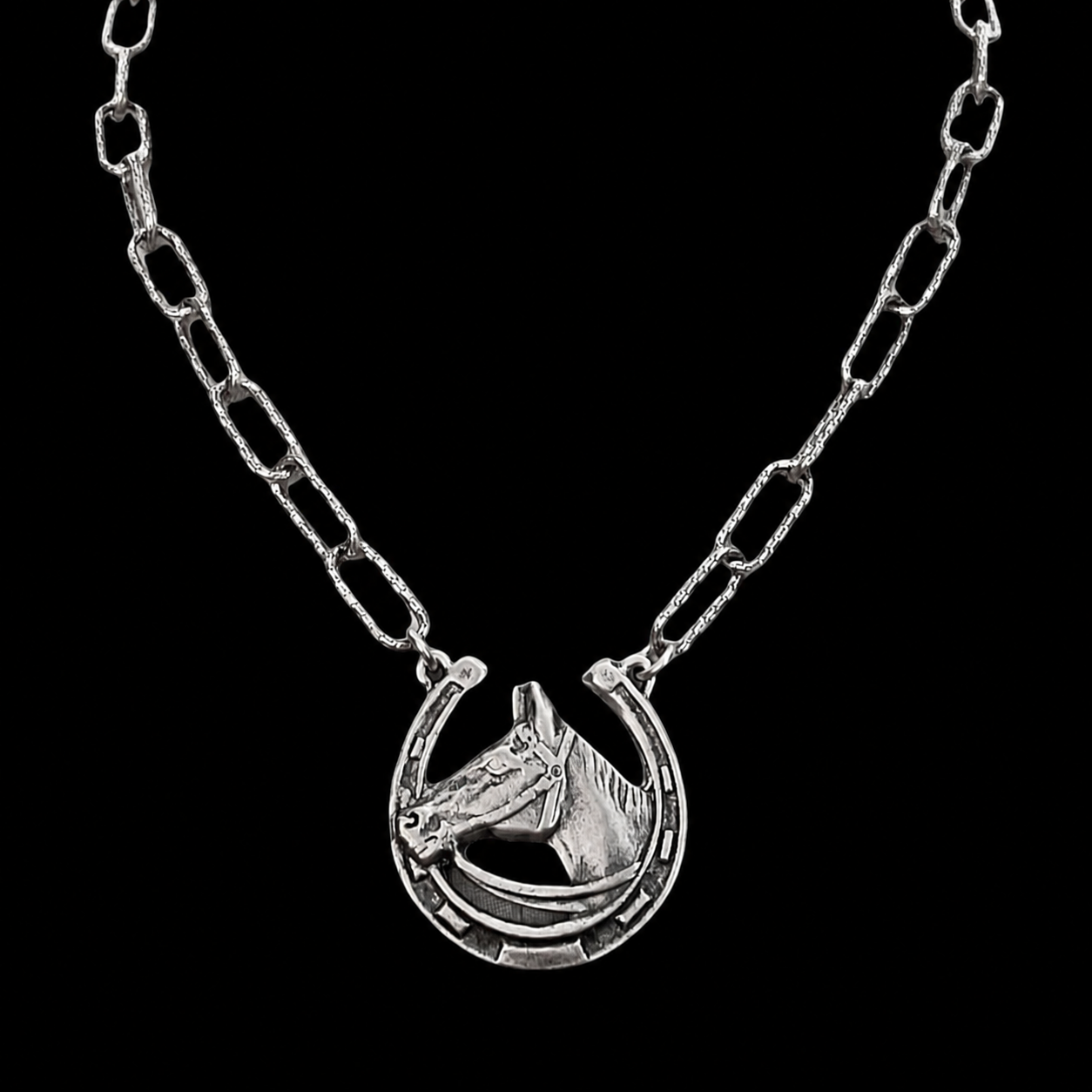 Vintage Reproduction Sterling Plated Chain with Vintage horse, and horse-shoe pendant