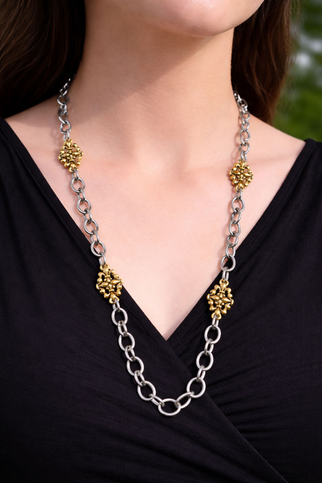 Mixed Metal Sterling & Gold Plated 36" Chain with Vintage Reproduction Fleur De Lis Accents