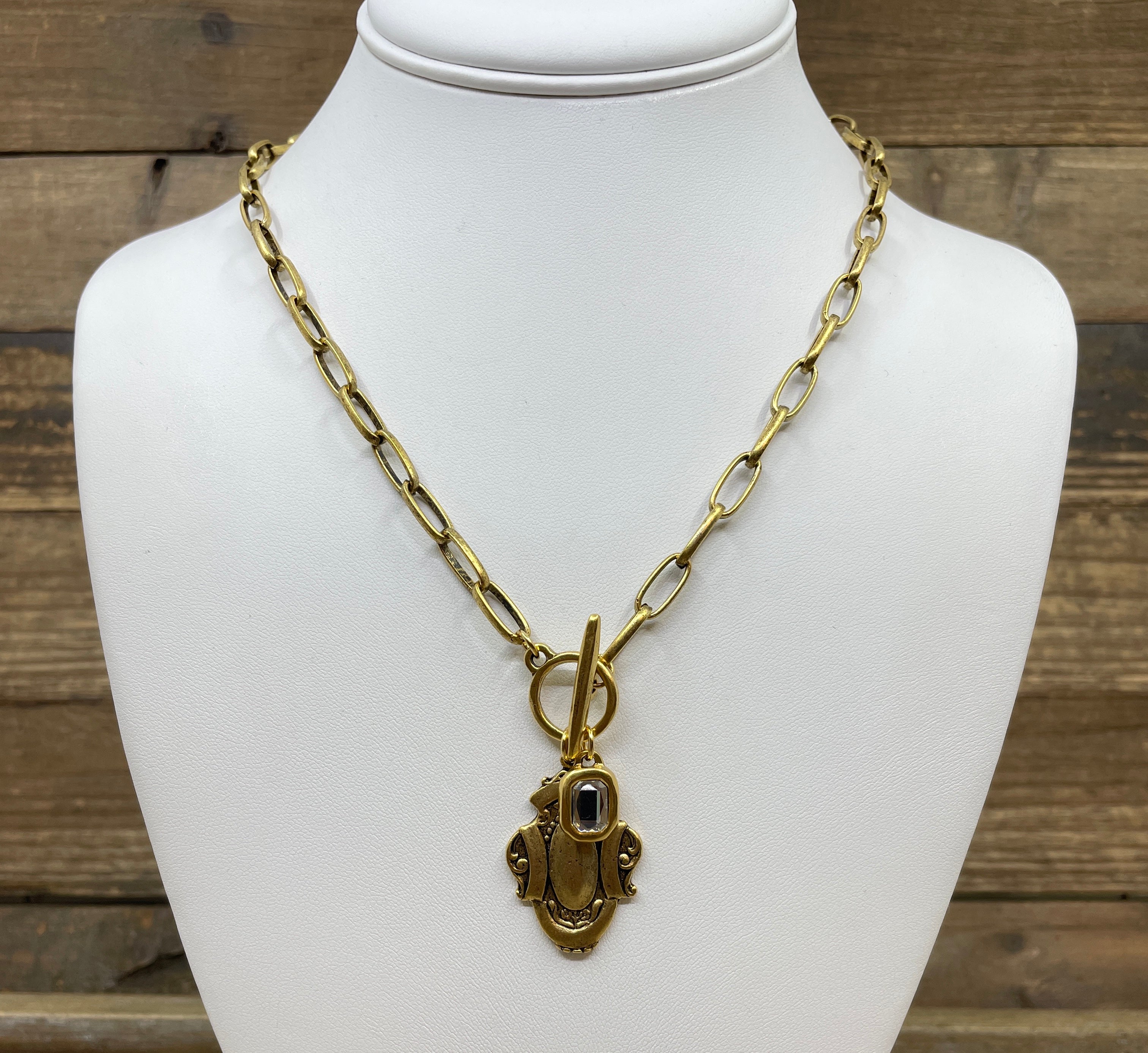 Gold Plated 18" Chain with Reproduction Watch Fob Pendant and Swarovski Crystal