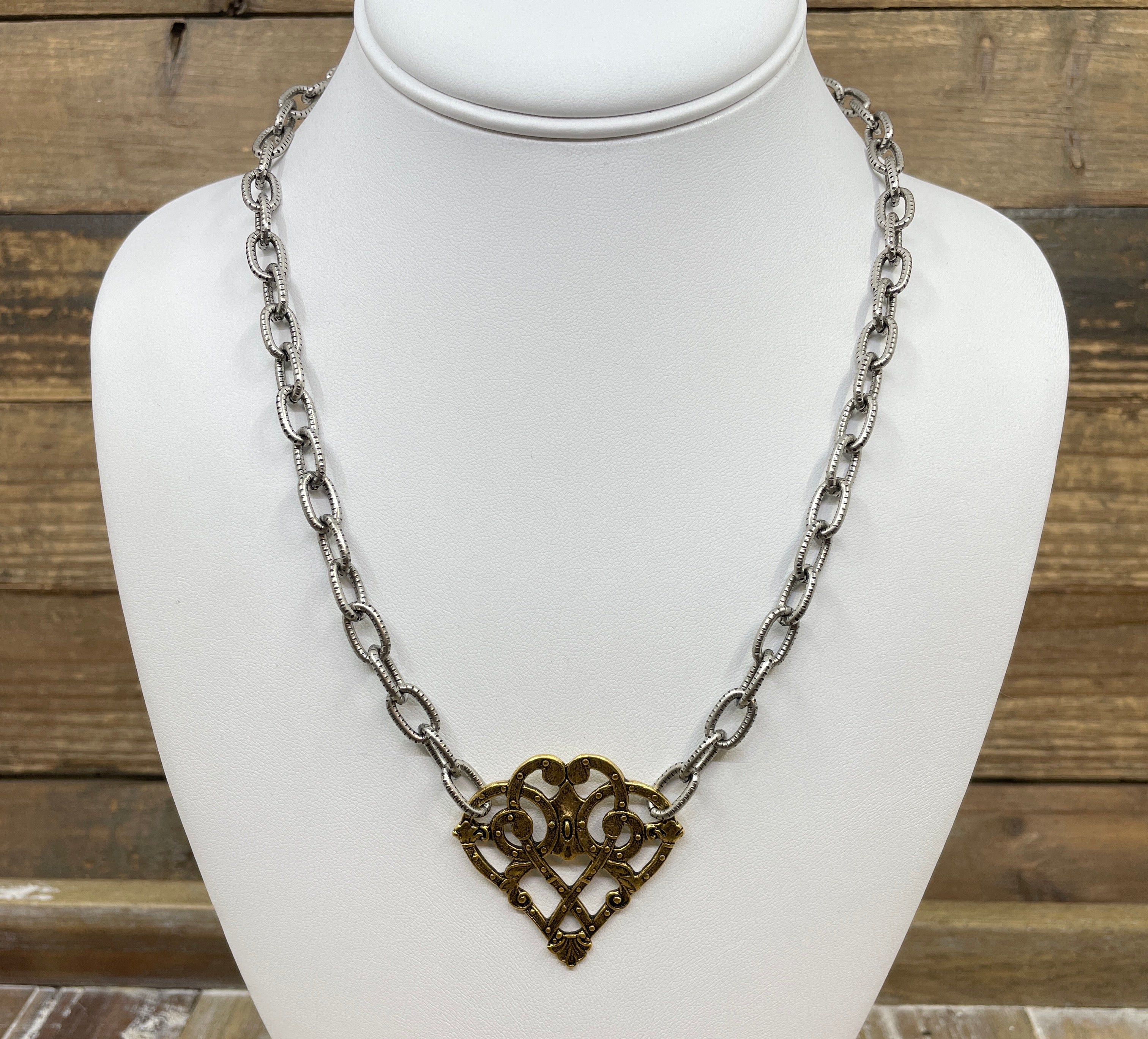 Mixed Metal Sterling and Gold Plated 18" Chain with Vintage Reproduction Scroll Heart