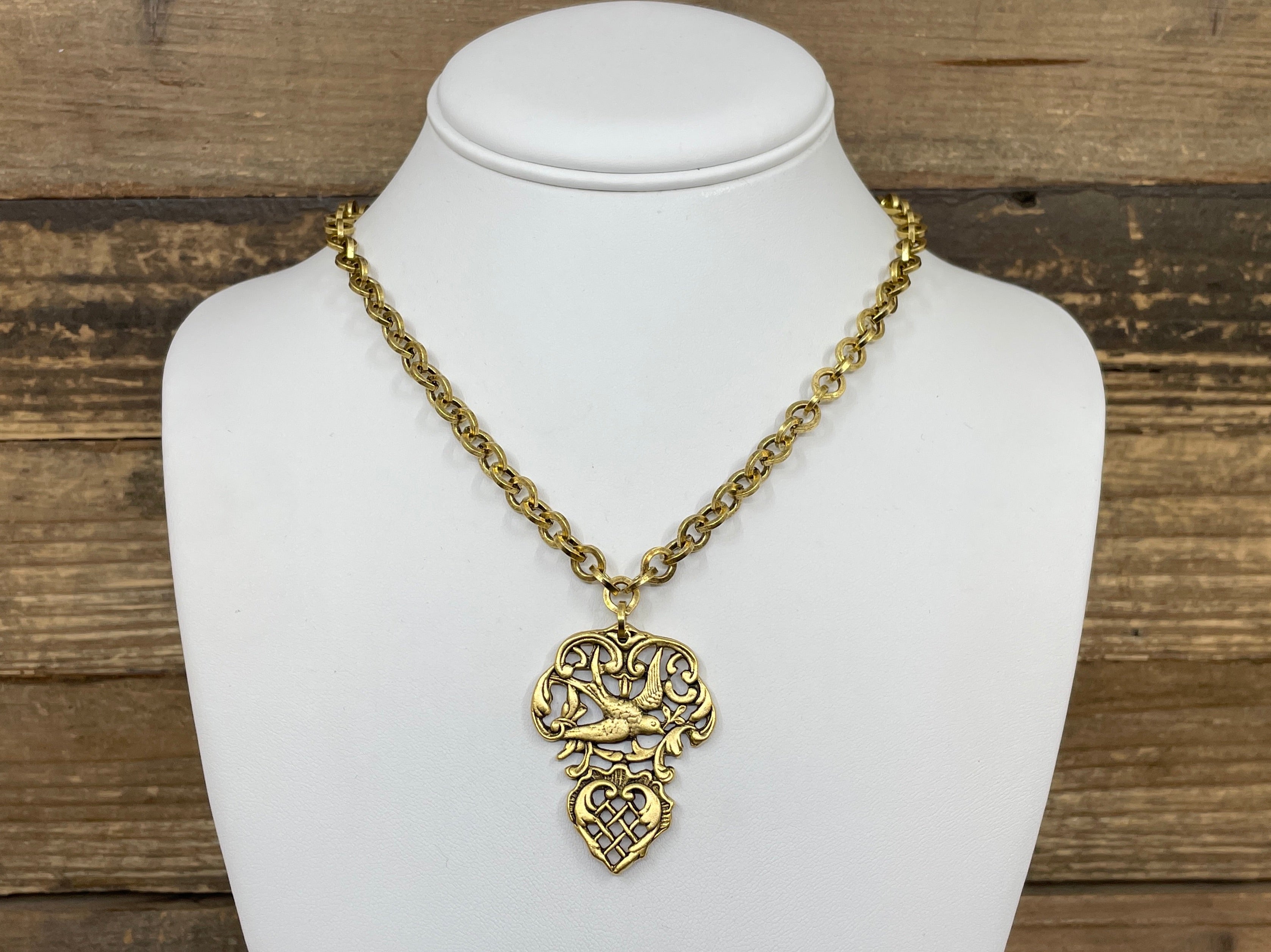 Gold Plated Chain with Vintage Bird Pendant & Pearl 20