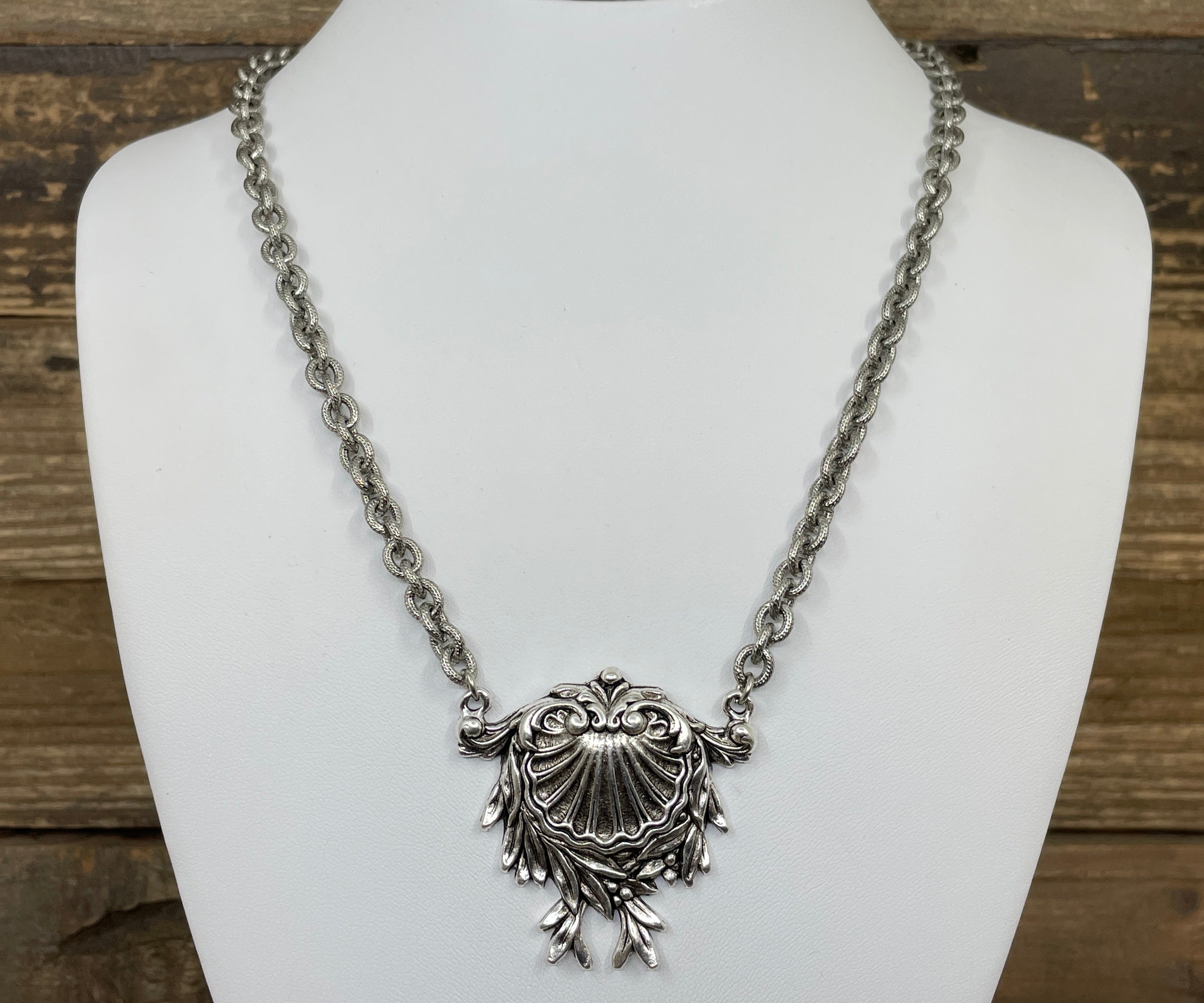 Sterling Plated 18" Chain with Vintage Victorian Shell Brooch