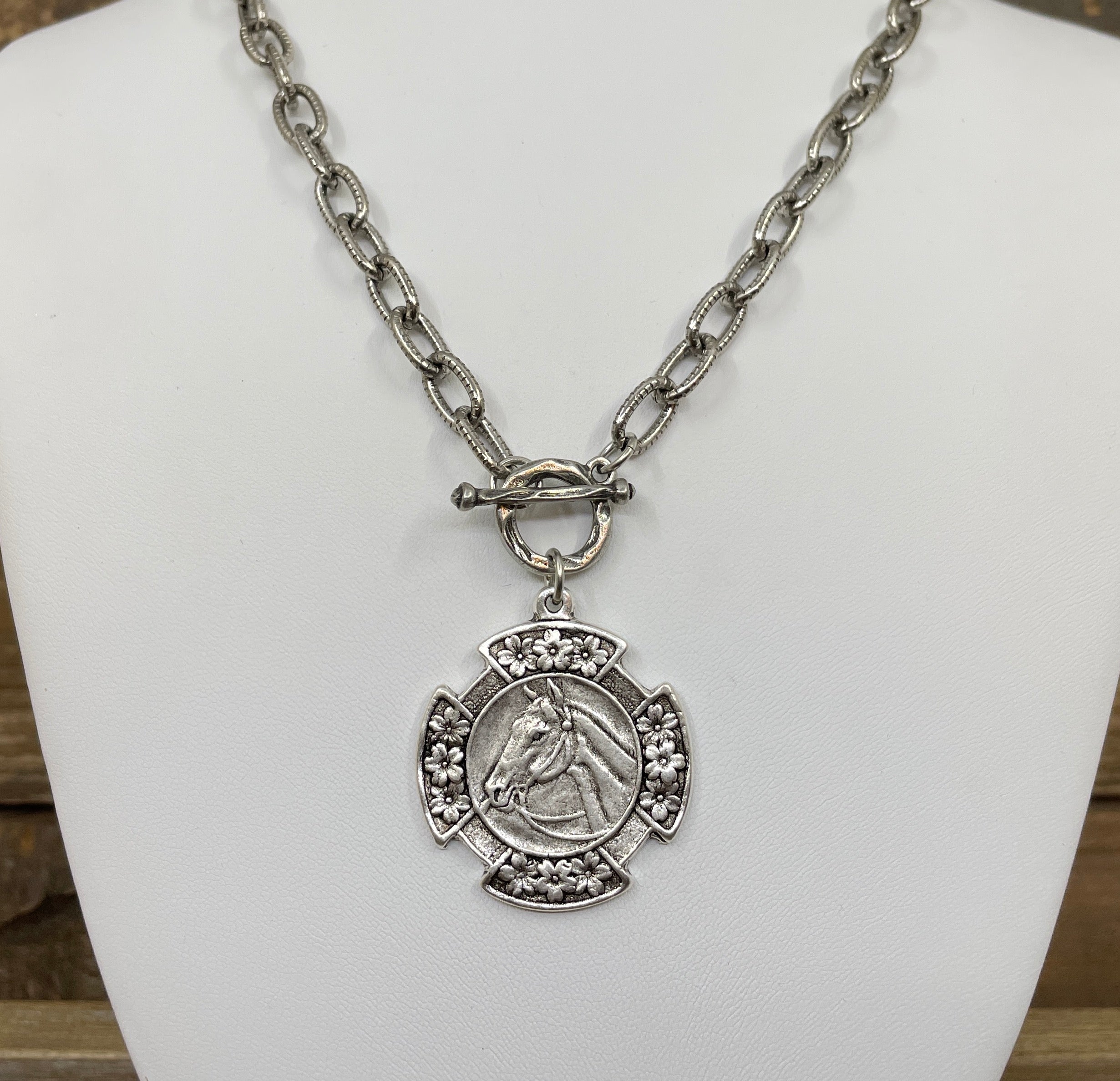 Vintage Silver 18" Chain and Toggle With Reproduction Silver Horse Flower Pendant