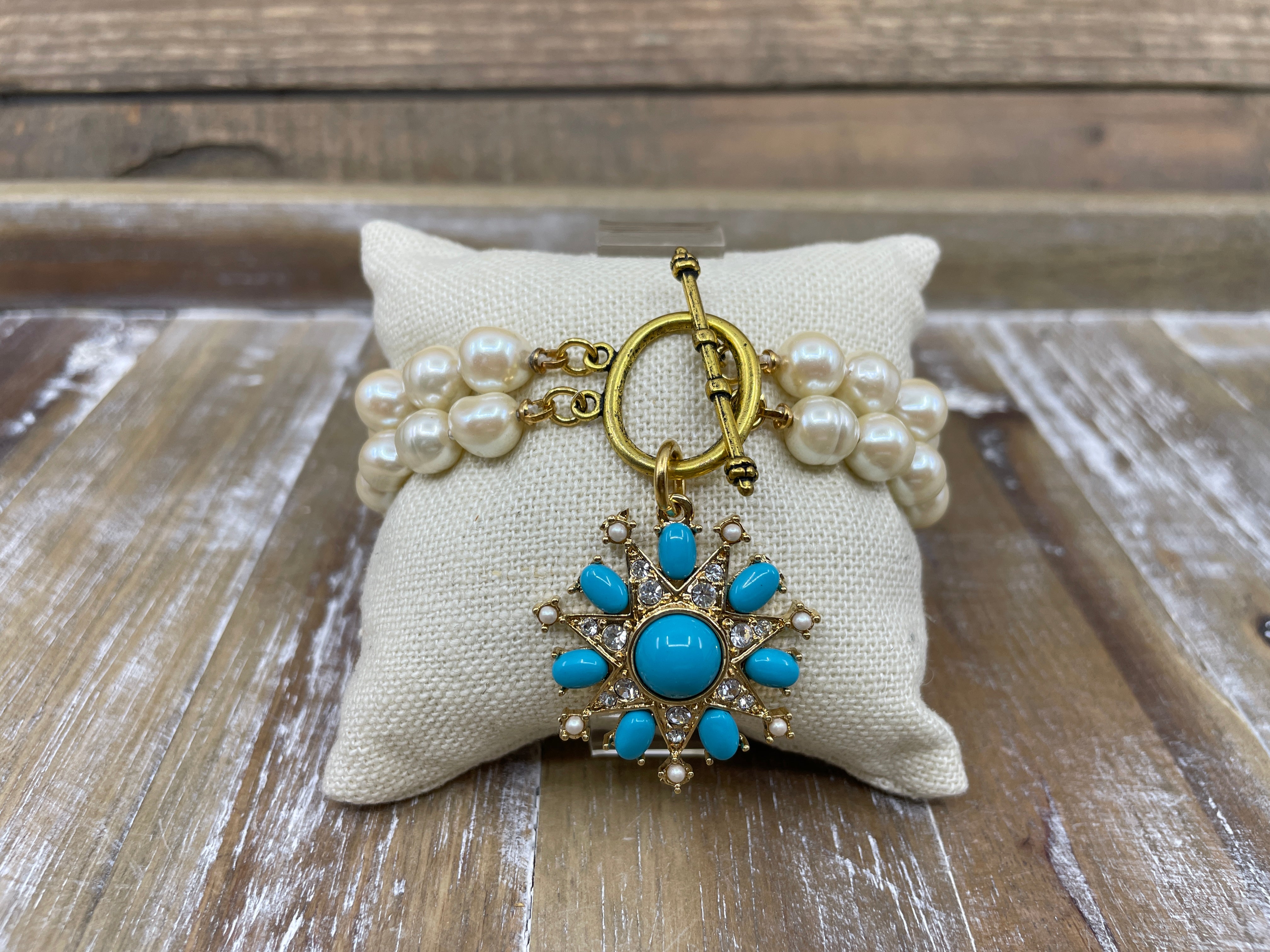 Turquoise & Rhinestone Pearl Bracelet
