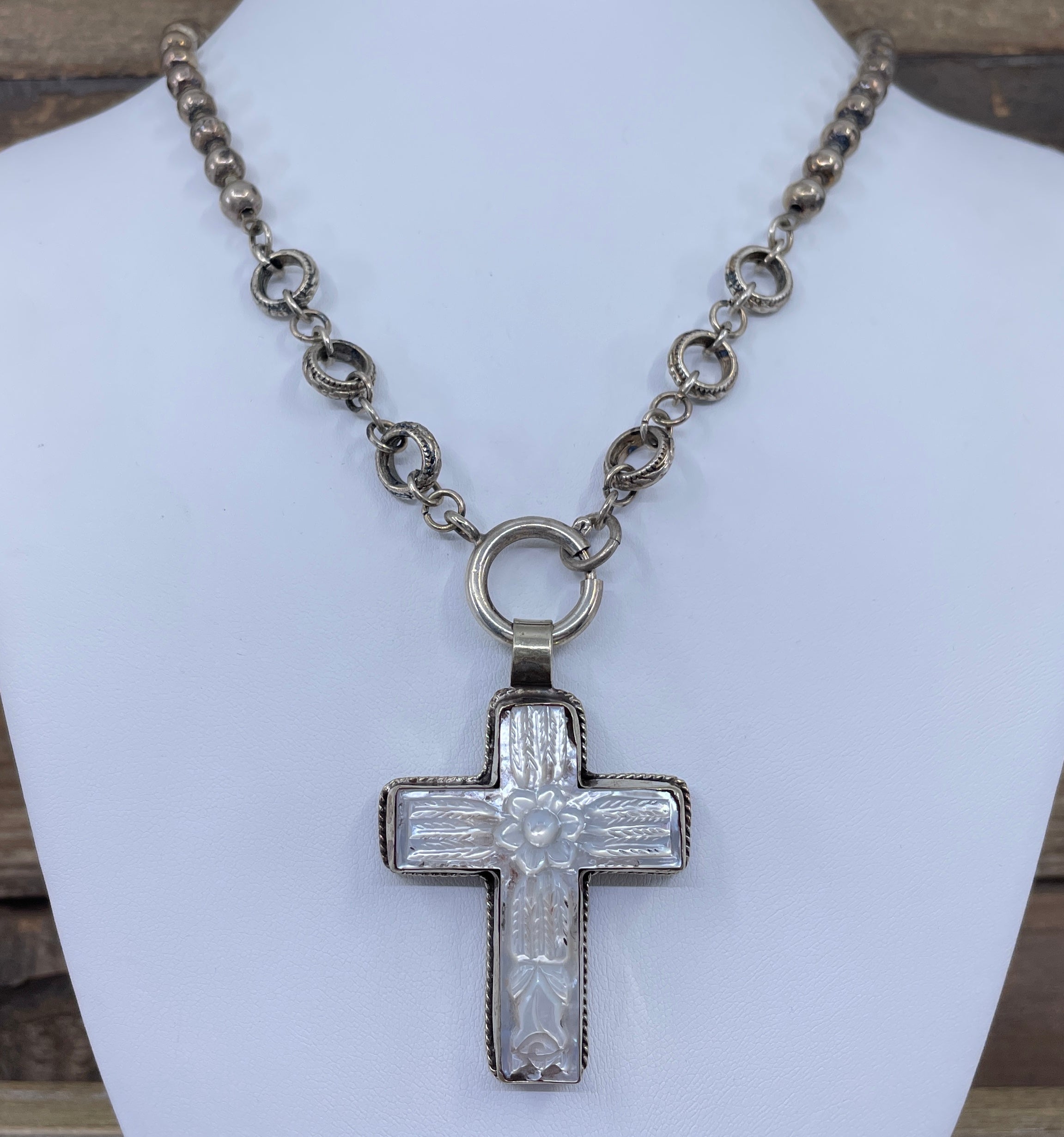 Vintage Carved Mother of Pearl Cross Necklace