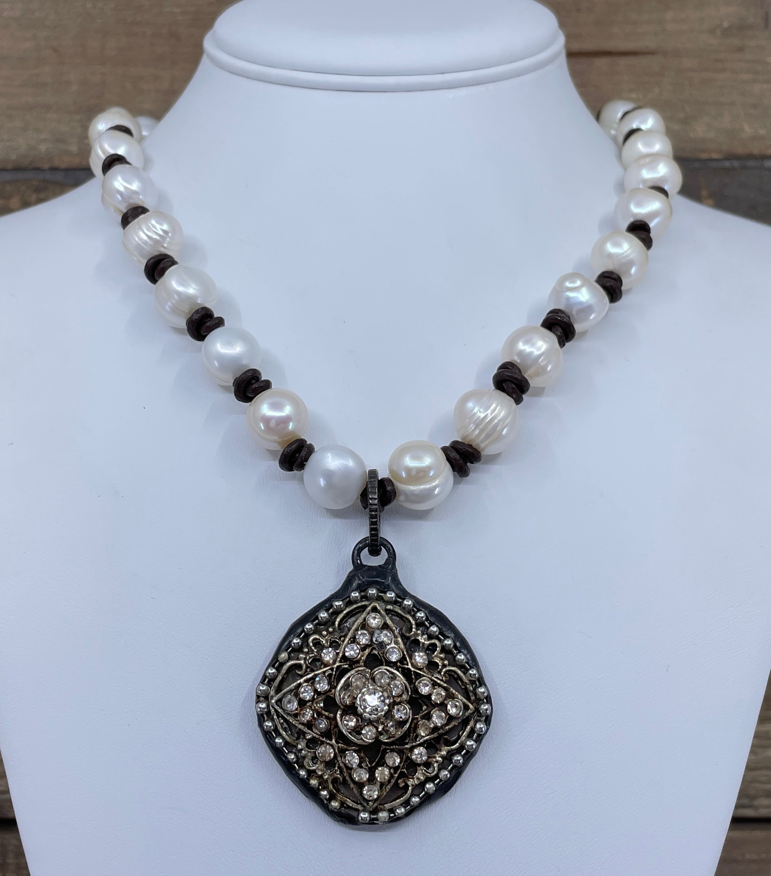 Vintage Rhinestone Pendant On Leather & Pearl Necklace
