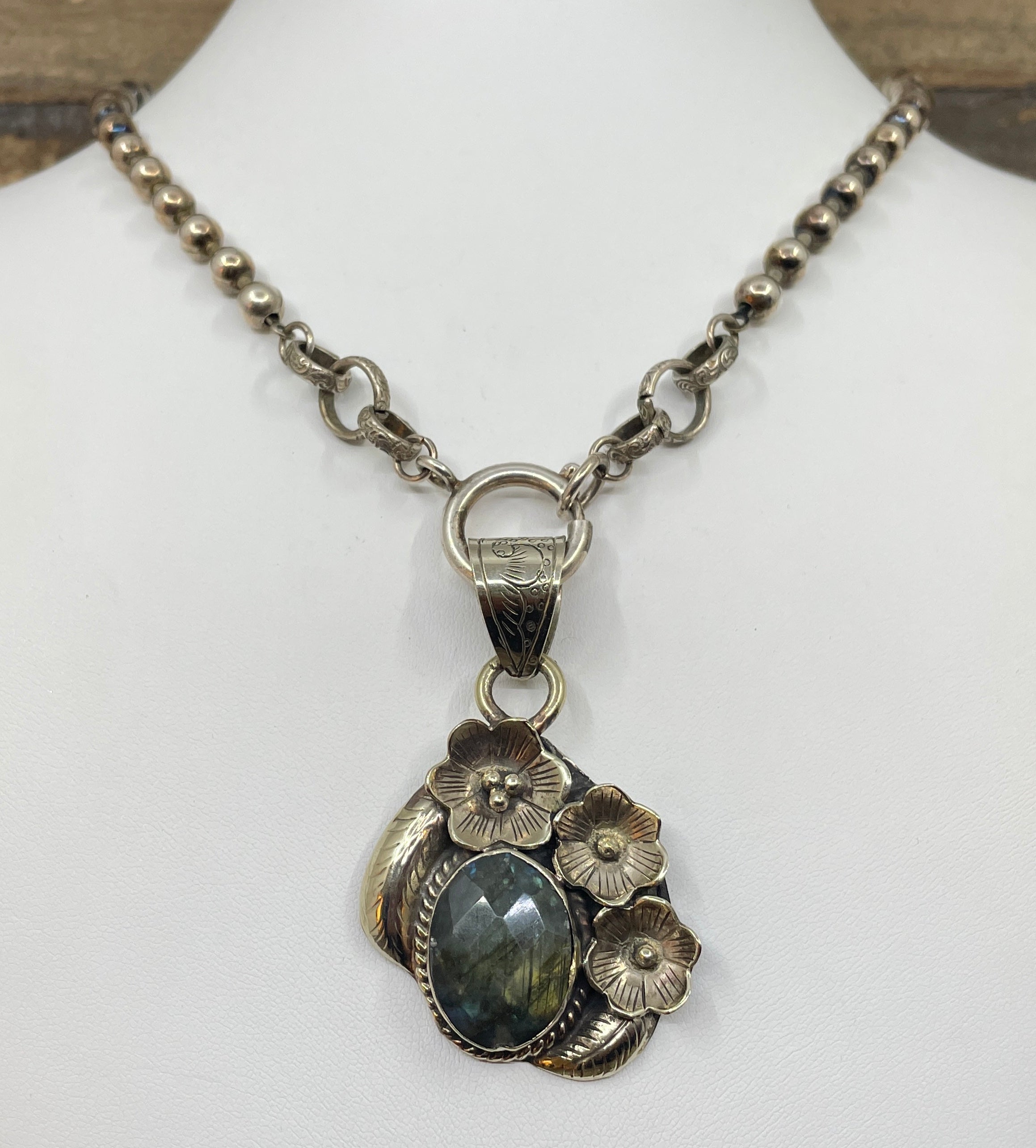 Tibetan Silver & Labradorite Flower Pendant Necklace