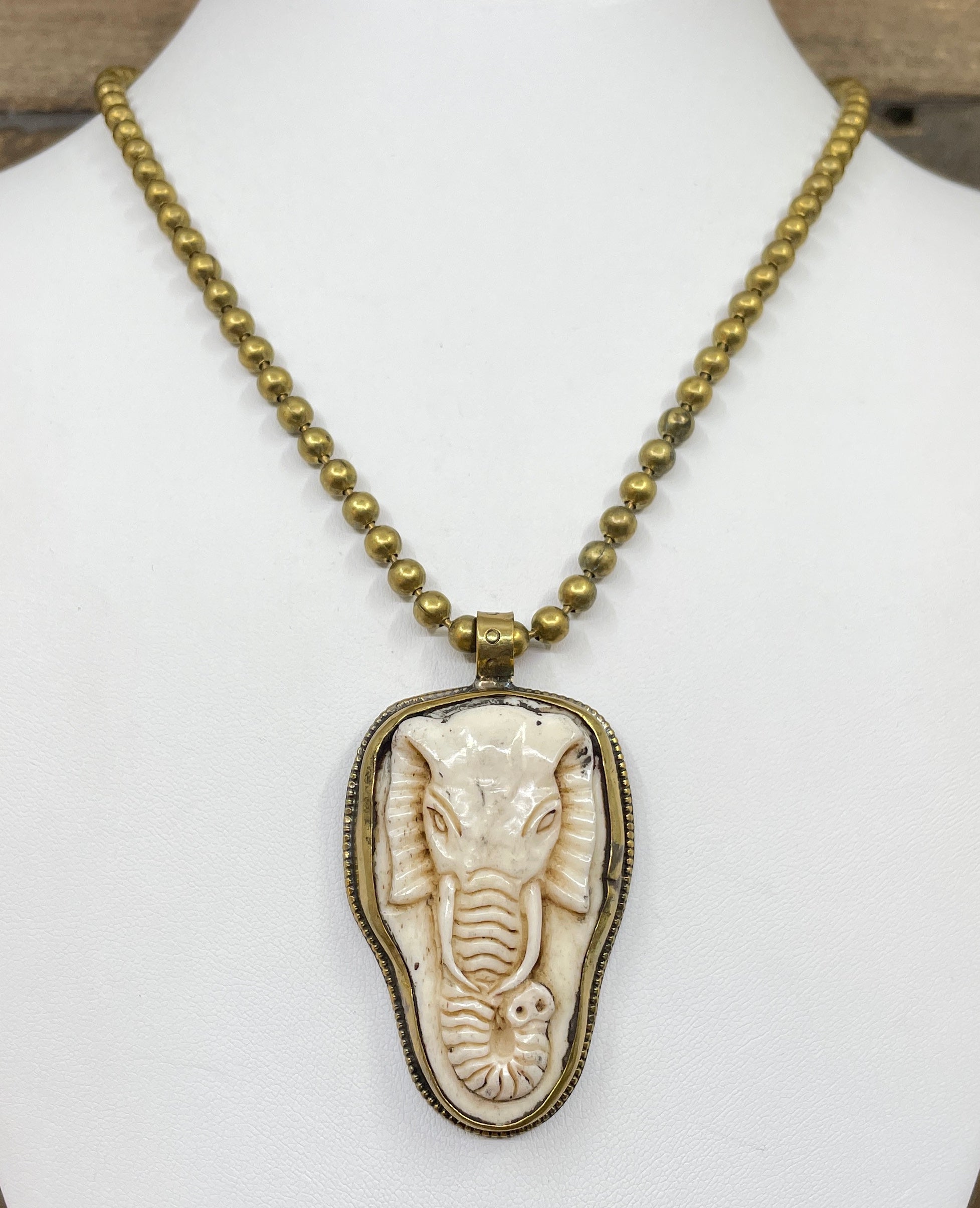 Vintage Carved Elephant Pendant Necklace