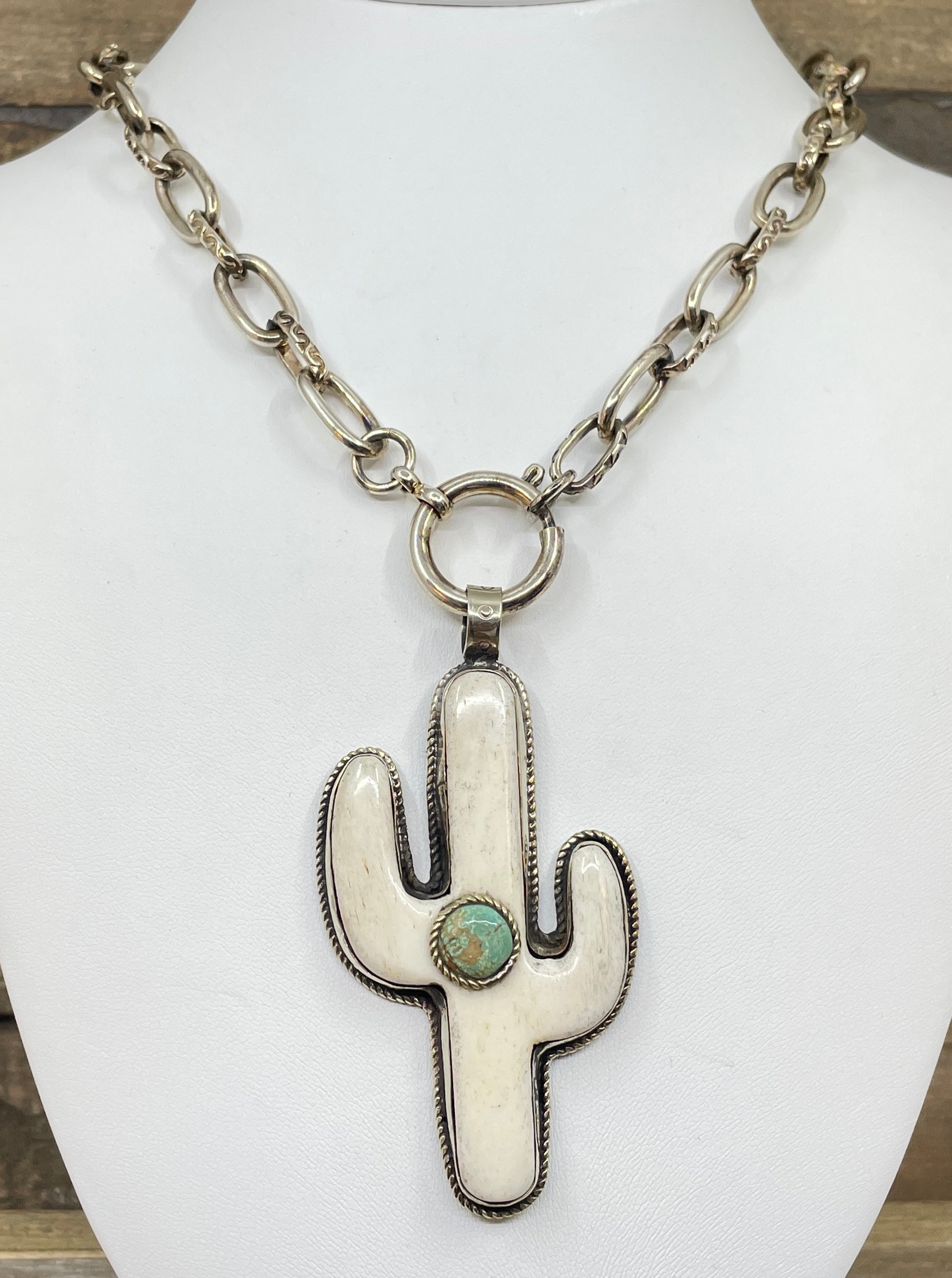 Vintage Bone & Turquoise Cactus Pendant Necklace