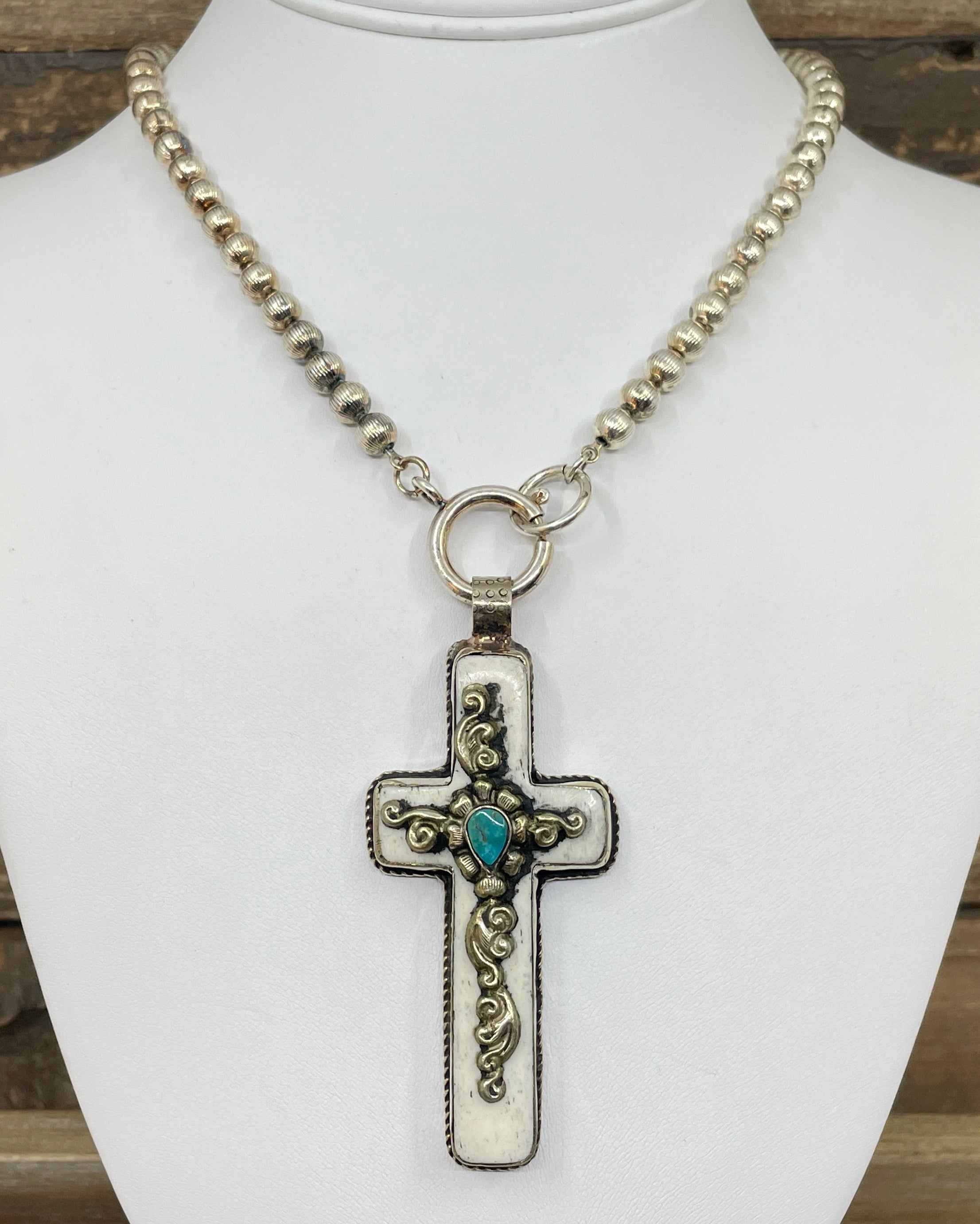 Vintage Bone & Turquoise Cross Pendant Necklace