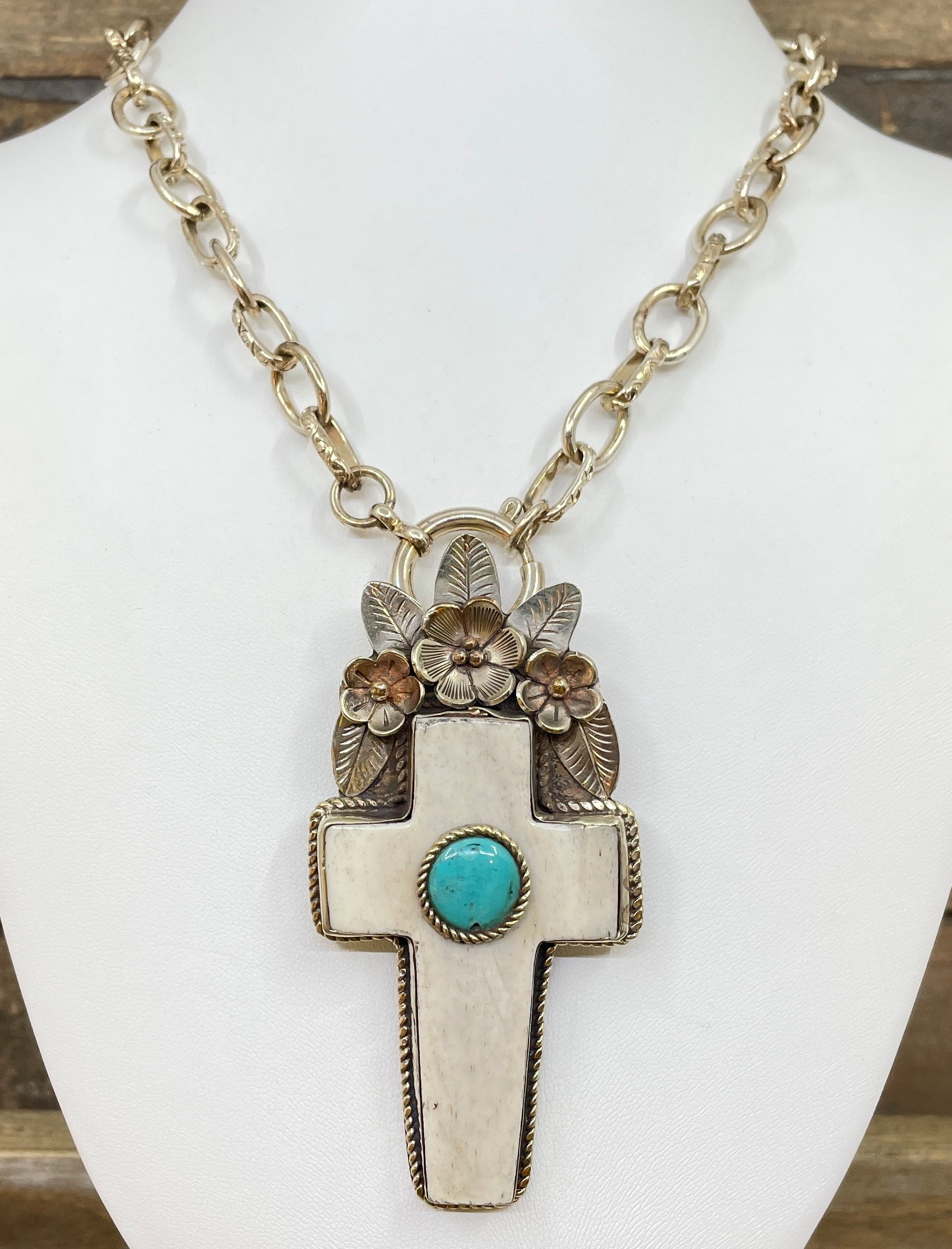 Vintage Bone & Turquoise Cross Necklace