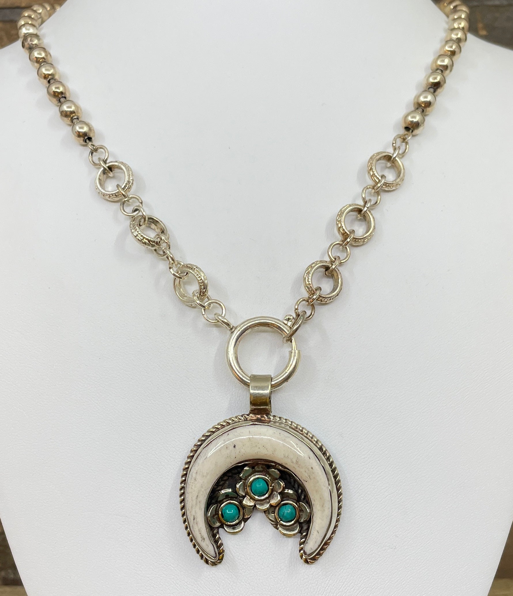 Vintage Bone & Turquoise Naja Pendant Necklace