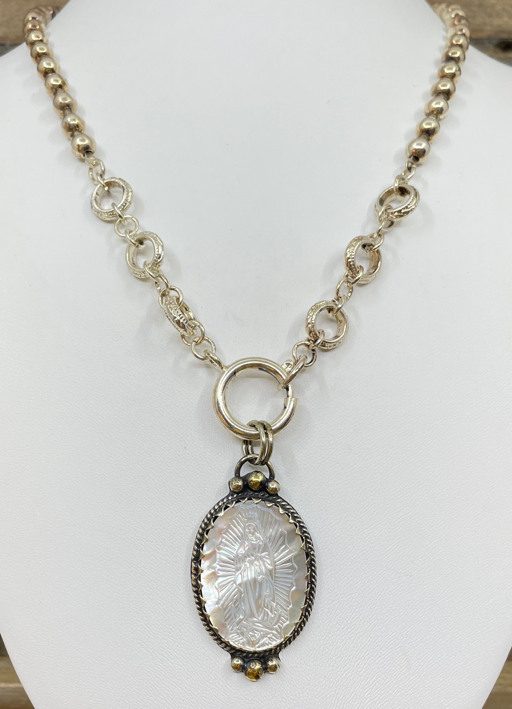 Vintage Mother of Pearl Religious Pendant Necklace