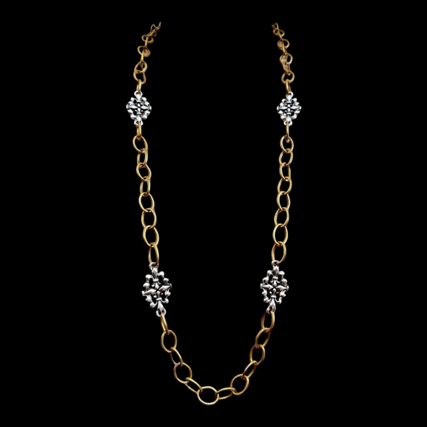 Mixed Metal Sterling & Gold Plated 36" Chain with Vintage Reproduction Fleur De Lis Accents