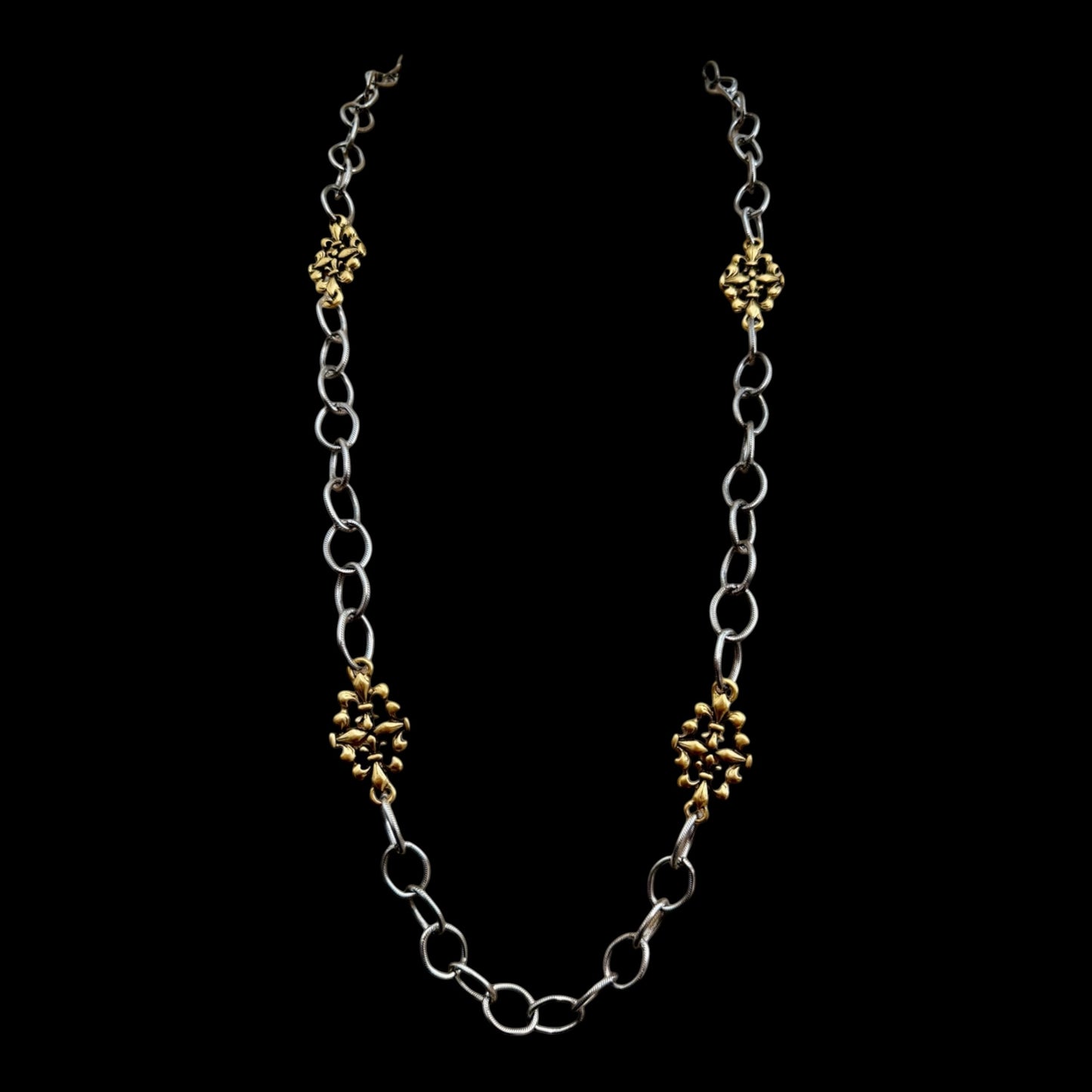 Mixed Metal Sterling & Gold Plated 36" Chain with Vintage Reproduction Fleur De Lis Accents