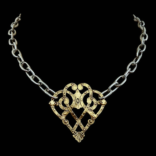 Mixed Metal Sterling and Gold Plated 17" Chain with Vintage Reproduction Scroll Heart