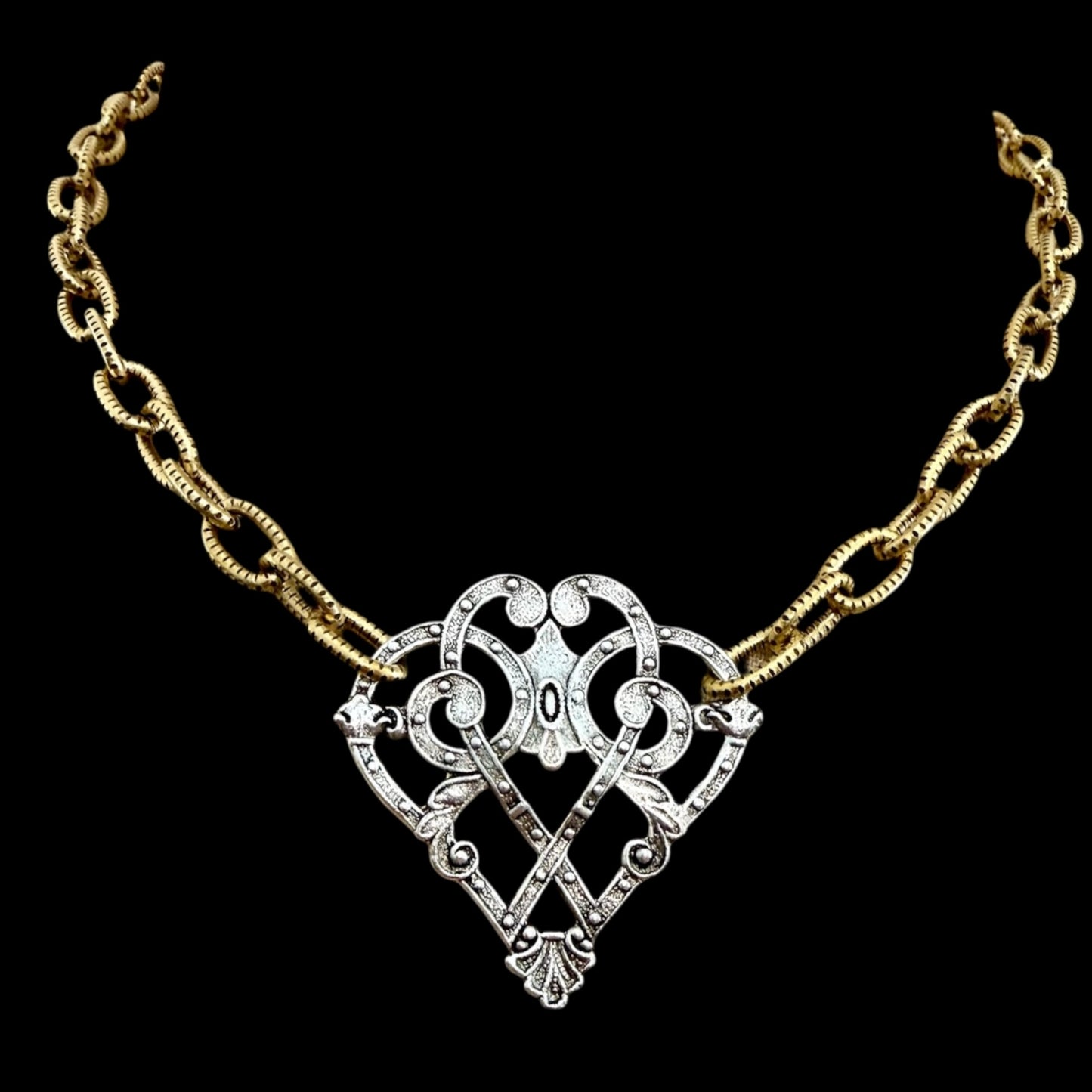 Mixed Metal Sterling and Gold Plated 17" Chain with Vintage Reproduction Scroll Heart
