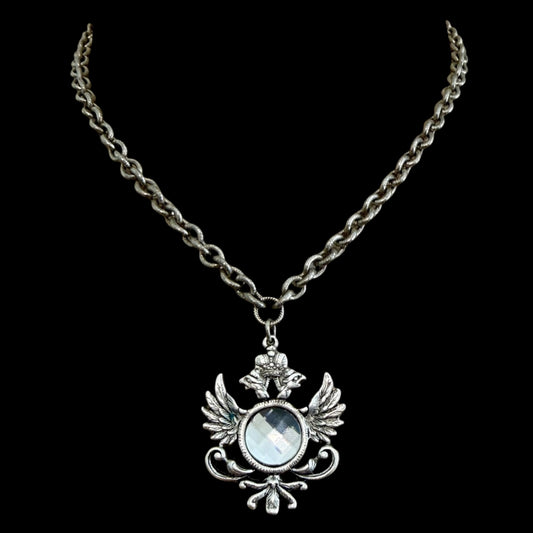 Sterling Plated 17" Chain with Repurposed Heraldic Pendant and vintage swarovski Crystal