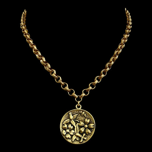 Gold Plated 17" Chain with Gold Plated Flower Bee Pendant