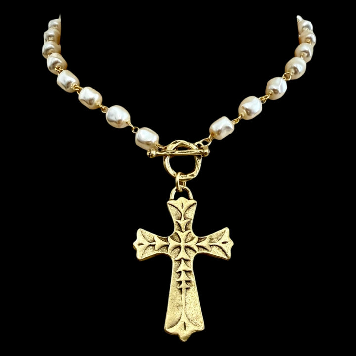 Vintage Pearl Gold Chain and Toggle with Vintage Gold Cross Pendant