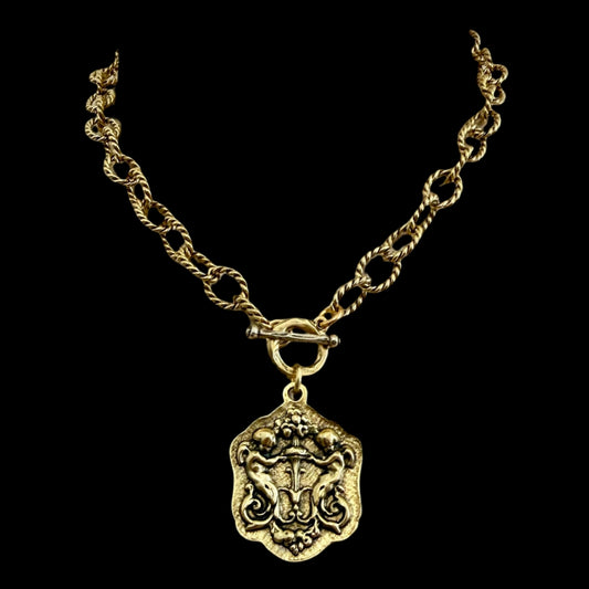 Vintage Gold 18" Chain and Toggle with Gold Reproduction Angel Pendant