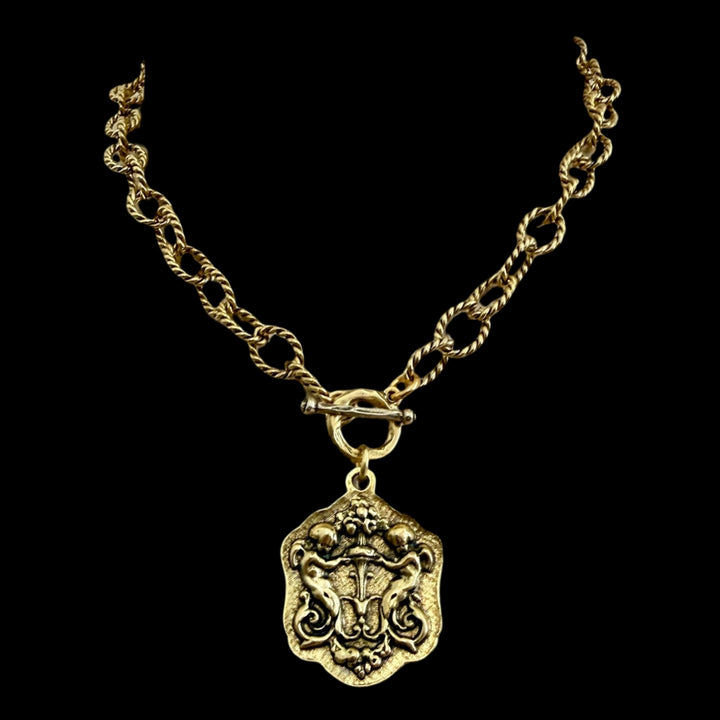 Vintage Gold 18" Chain and Toggle with Gold Reproduction Angel Pendant