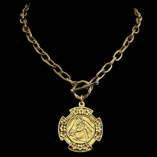 Vintage Gold 18" Chain And Toggle With Reproduction Gold Horse Flower Pendant