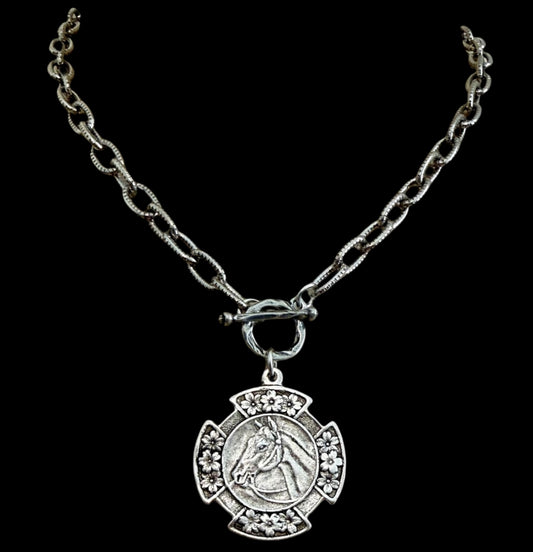 Vintage Silver 18" Chain and Toggle With Reproduction Silver Horse Flower Pendant